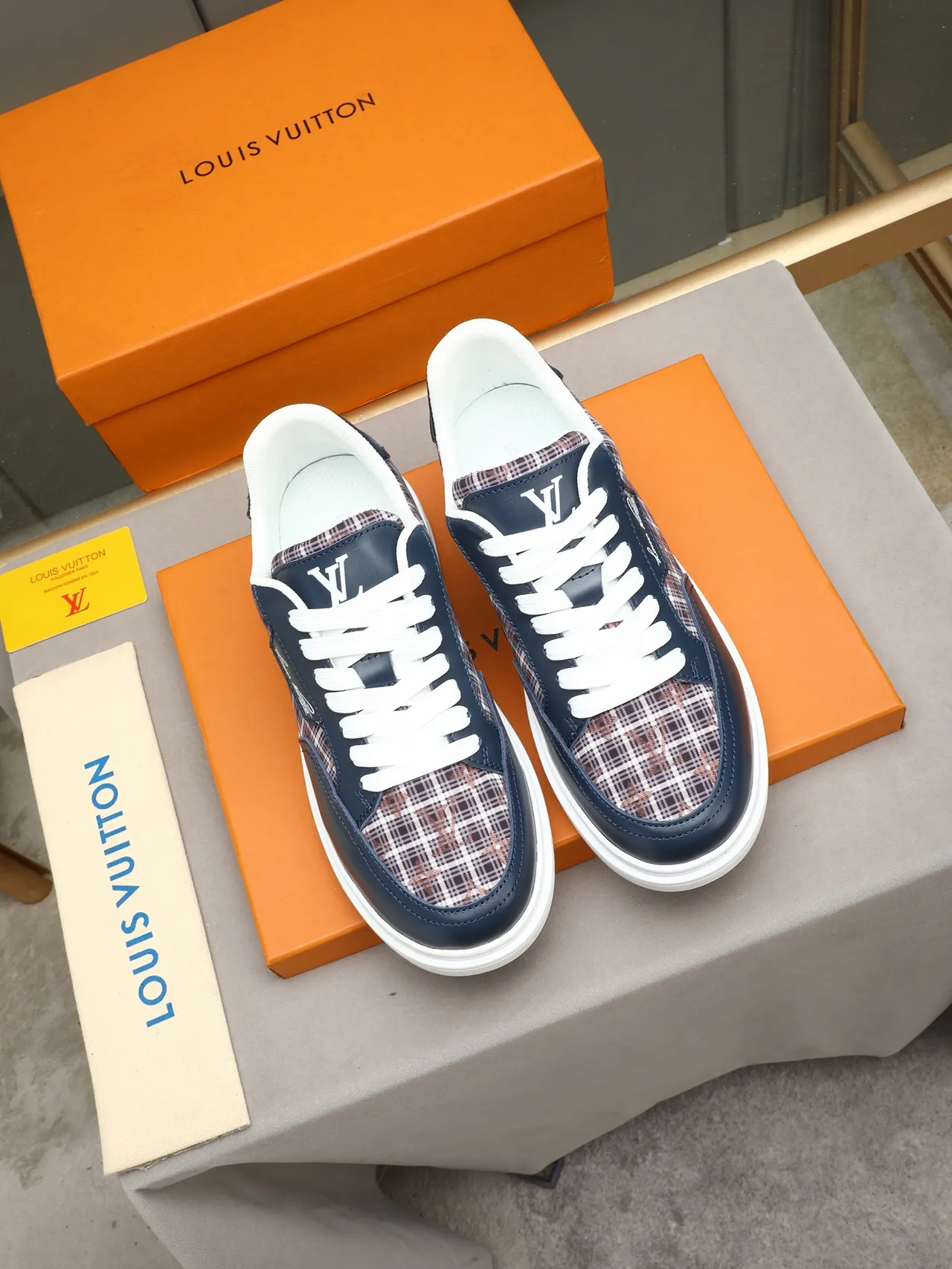 Louis Vuitton Run Away Navy Multicolor Low-Top Leather-and-Plaid Upper Lifestyle Sneakers