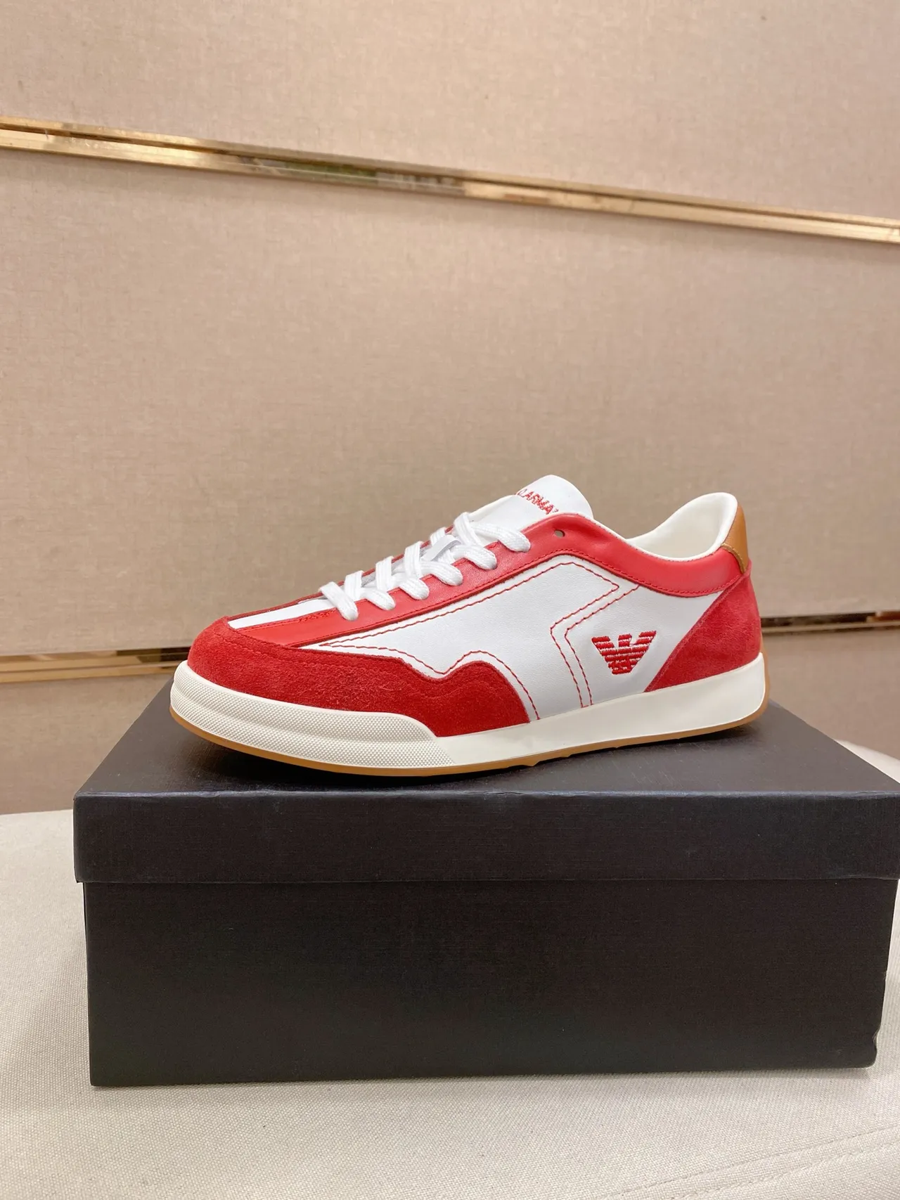 Emporio Armani Red and White Color-Blocked Suede Leather Sneaker
