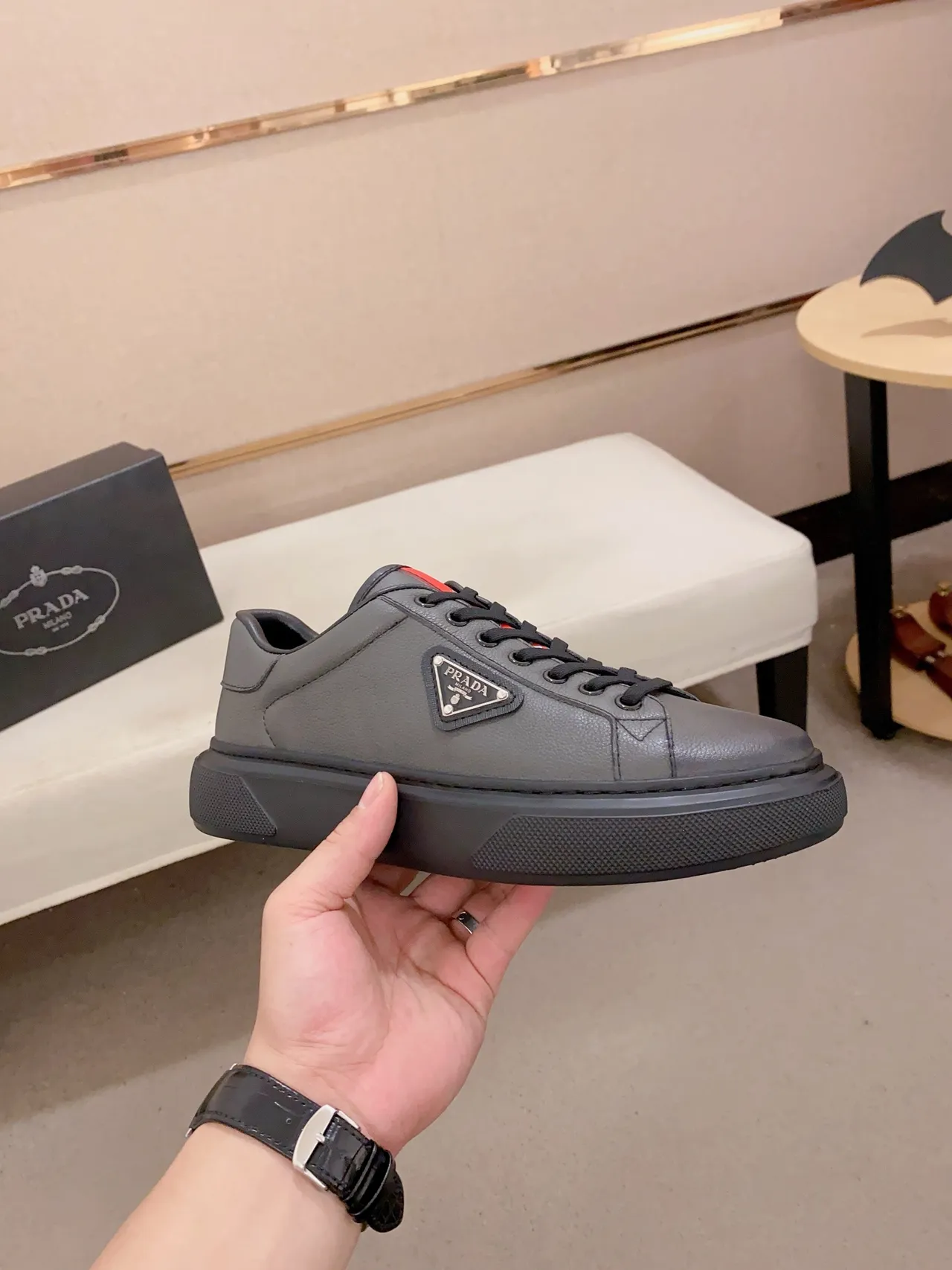 Prada Gray Black Leather Upper Triangular Metal Logo Lifestyle Sneakers
