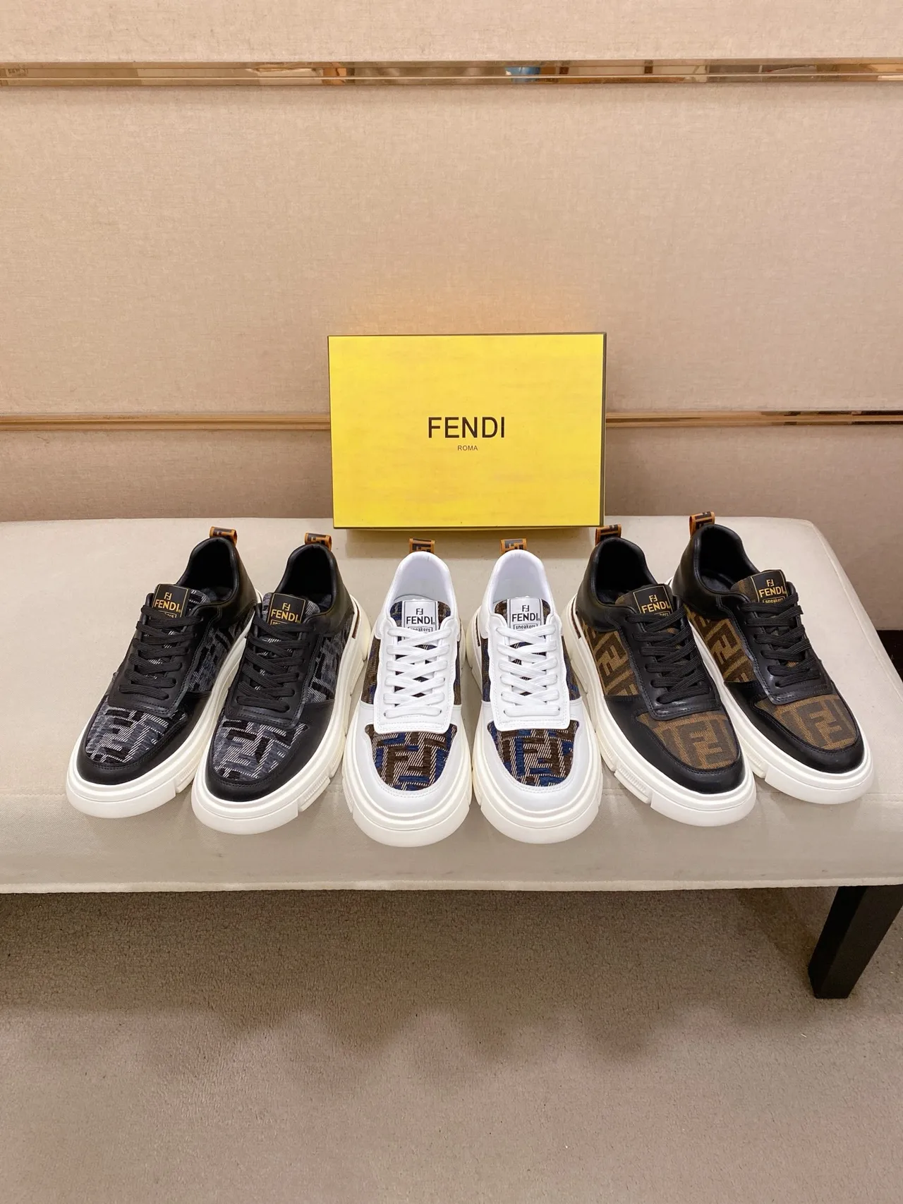 Fendi Black White Platform Sole Monogrammed Textile Panels Chunky Sneakers