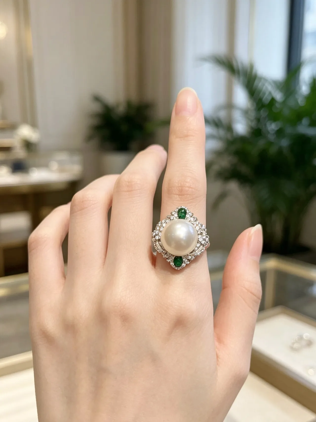Pearl and Emerald Pavé Halo Earrings