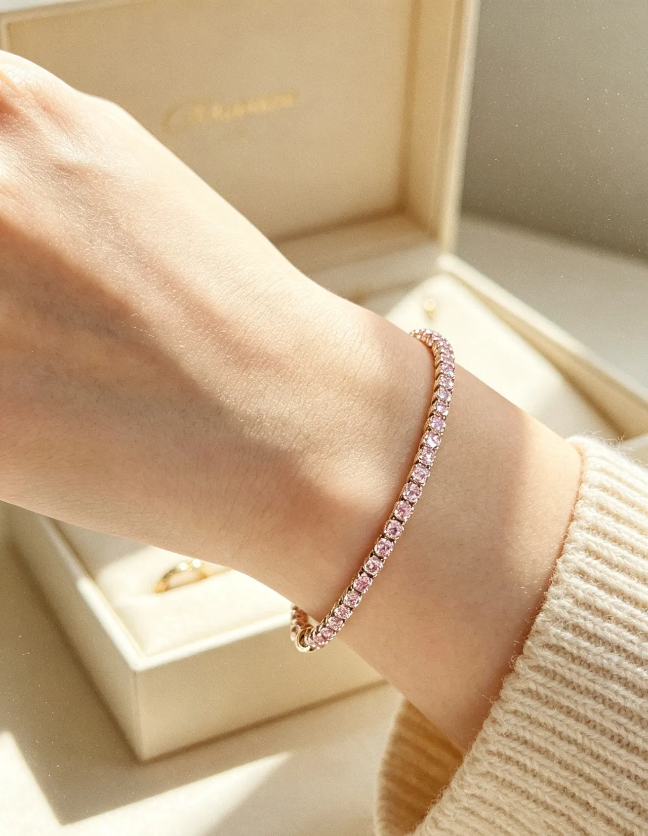 Tiffany & Co. Pink Silver Pavé-Set Gemstones Alternating Clear Stone Accents Bracelet