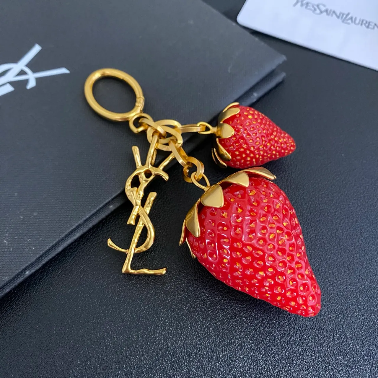 Saint Laurent Strawberry Keychain Red Gold Resin Charms Metal YSL Monogram Bracelet