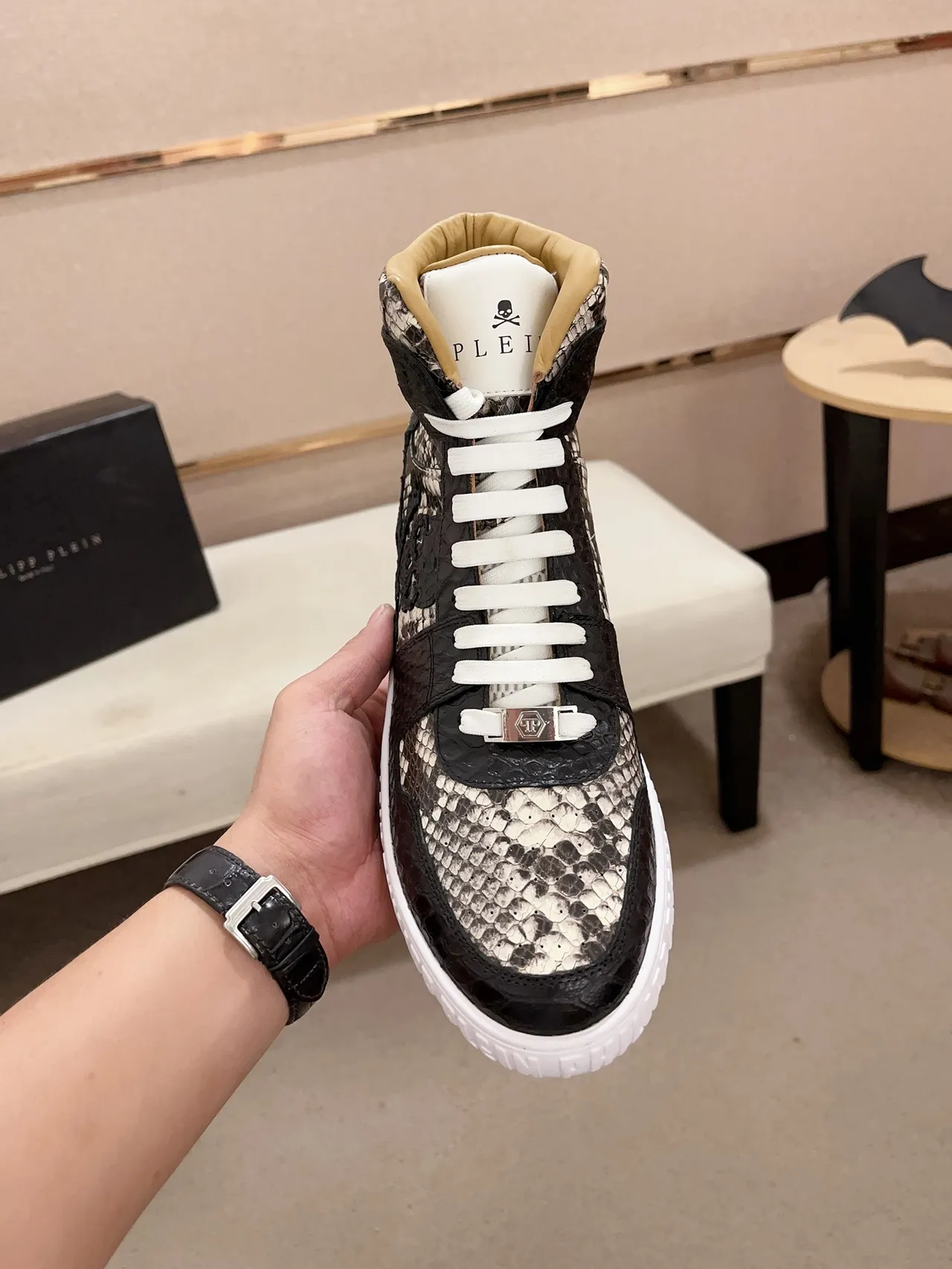 Philipp Plein High-Top Snakeskin Skull Motif Lifestyle Sneakers