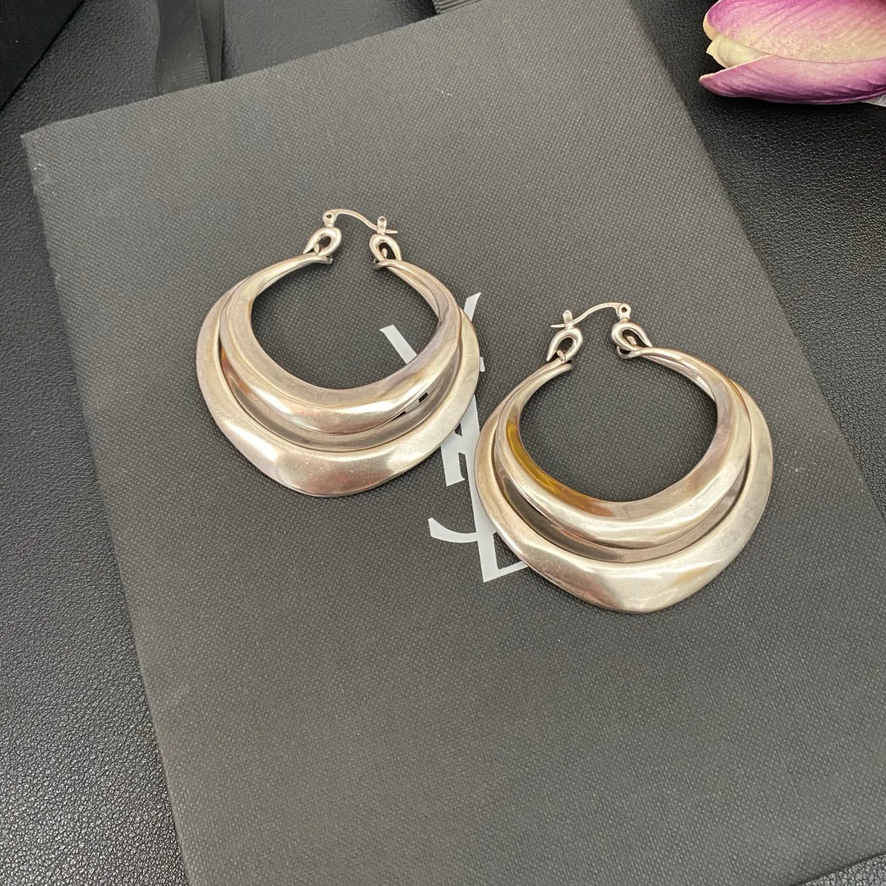 Saint Laurent Silver Triple-Layered Asymmetrical Hoop Earrings