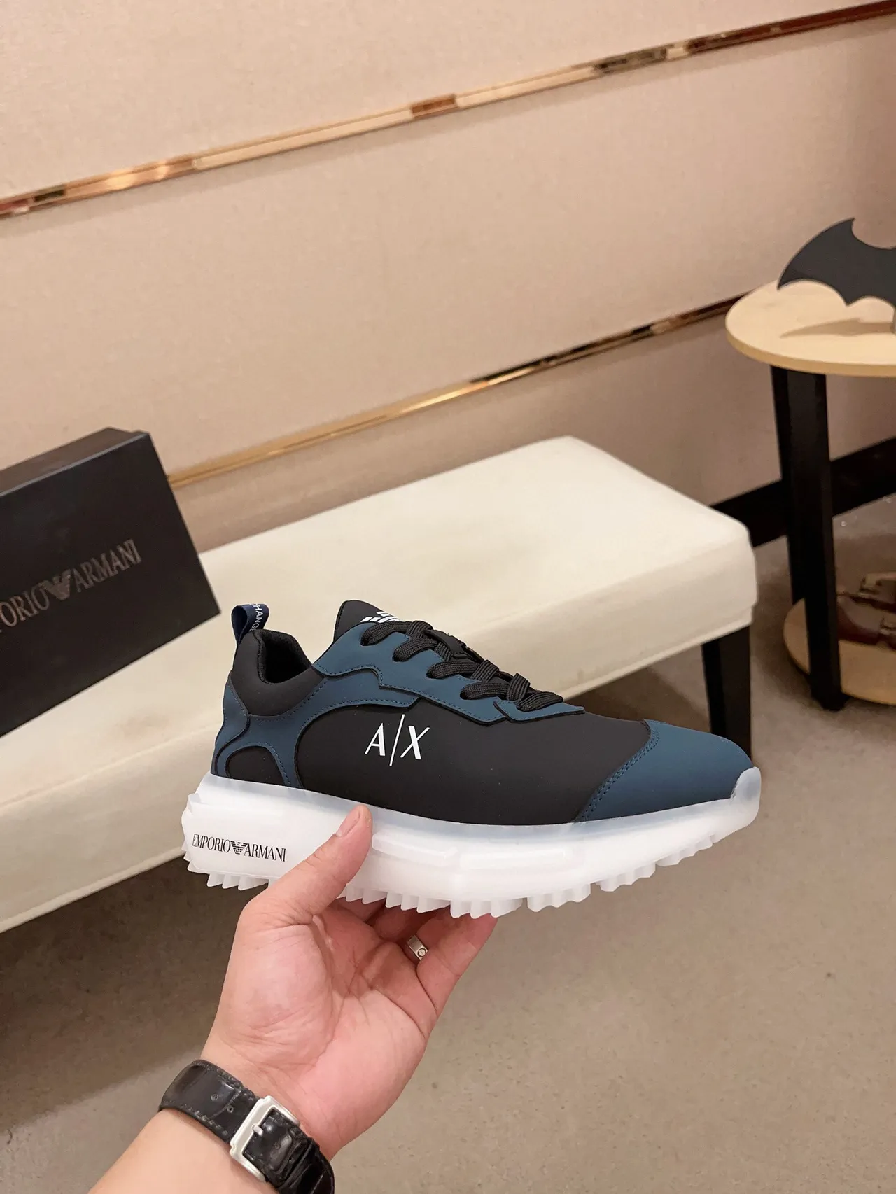 Armani Exchange Navy Black Mixed-Material Upper Sculpted Translucent Sole Sneakers