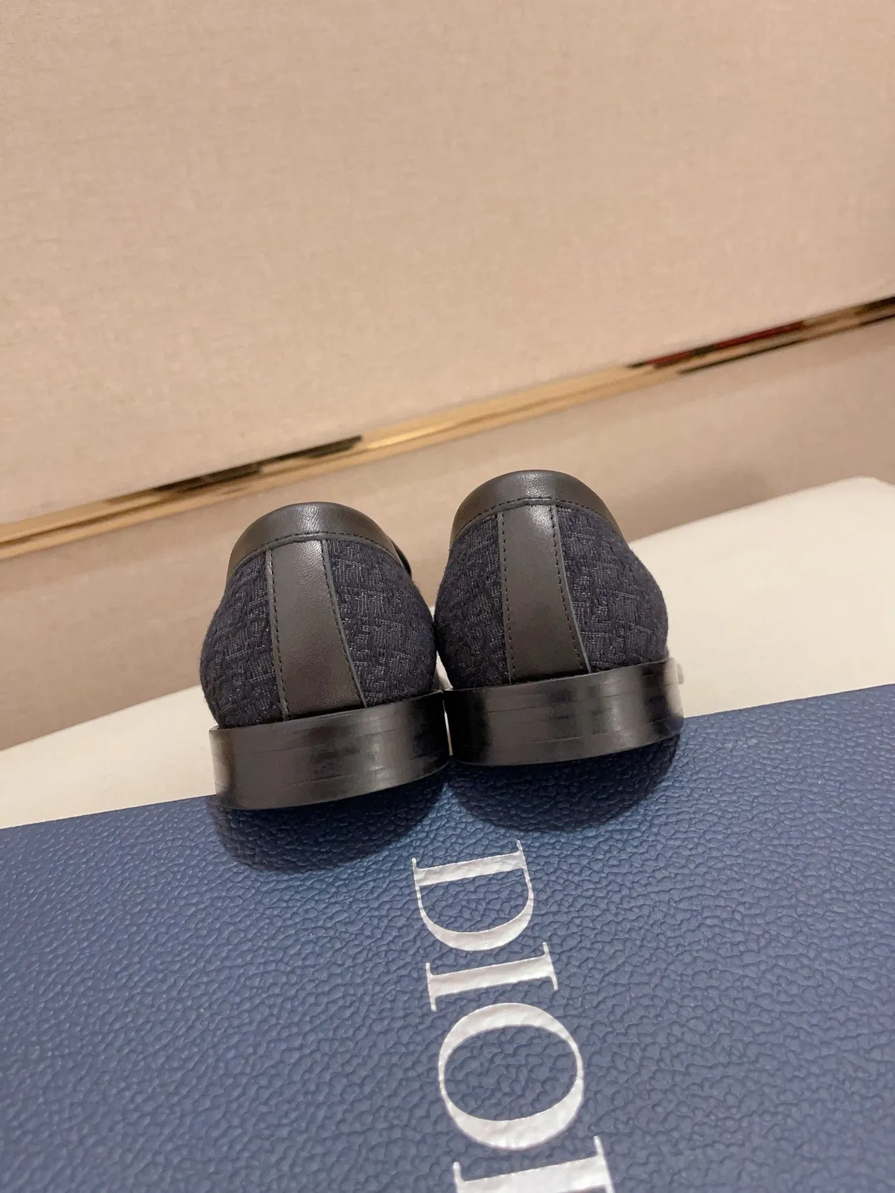 Navy Black Textured Monogrammed Fabric Upper Leather Trim Loafer