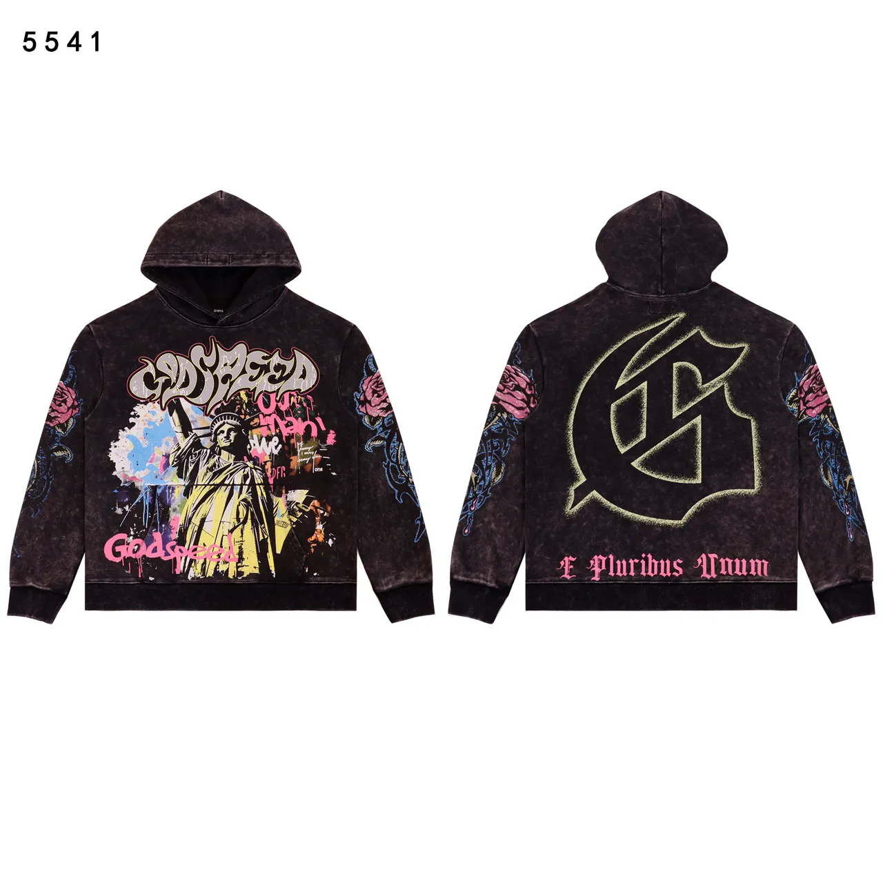 Godspeed Distressed Acid-Wash Graffiti Print Hoodie