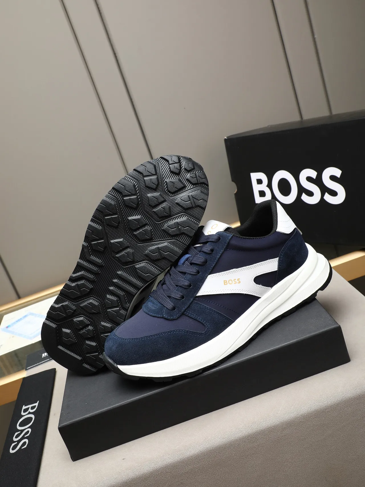 Hugo Boss Lifestyle Sneaker Navy and White Suede Textile Low-Top Sneaker