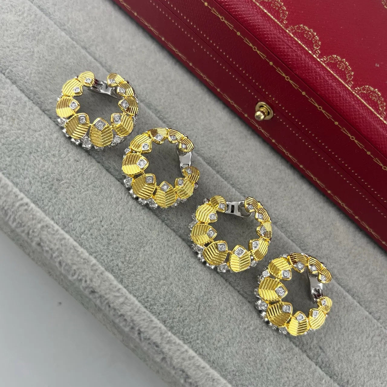 Cartier Gold Silver Textured Segmented Hoops Pavé-Set Diamonds Earrings