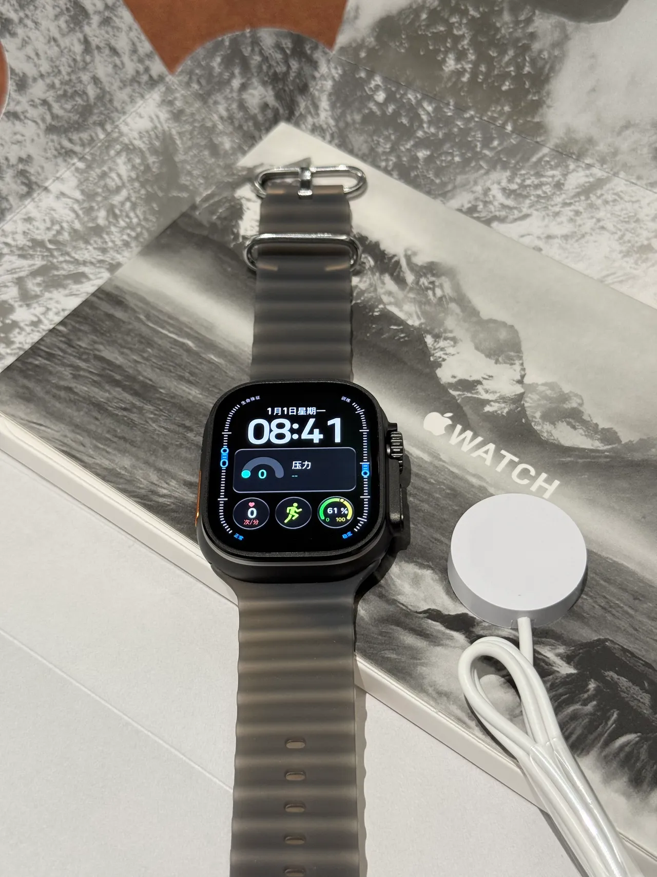 Apple Ultra Gray Orange Square Titanium-Style Case Ribbed Silicone Band Sports Watch