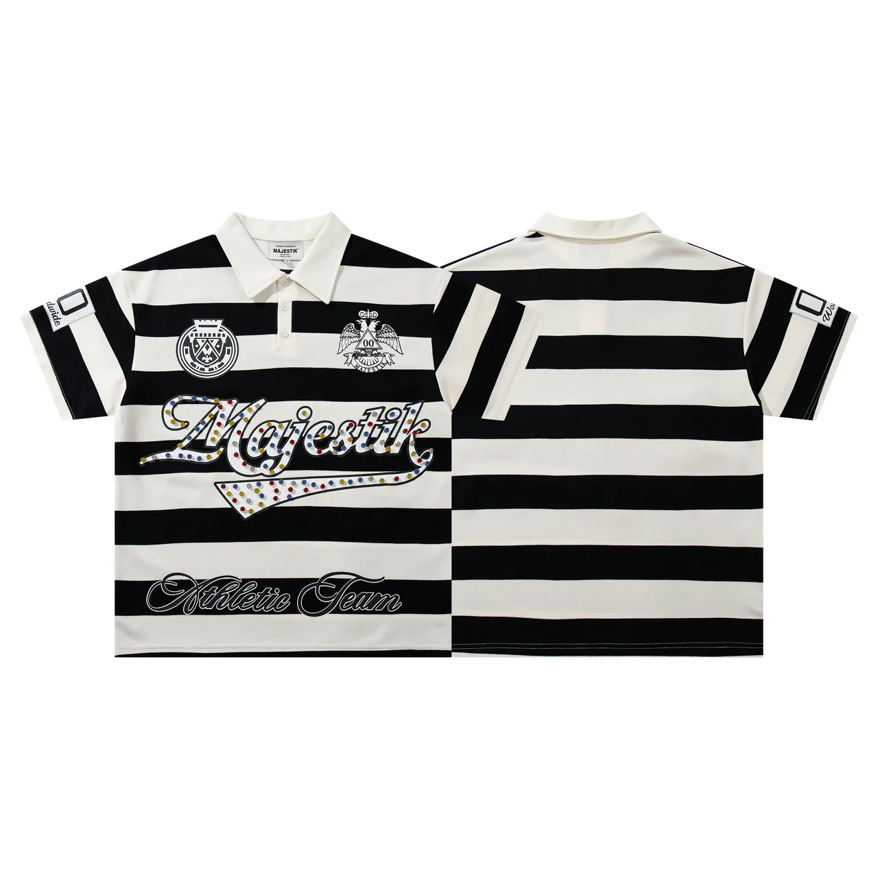 Majestik Athletic Team Striped Rhinestone Polo Shirt