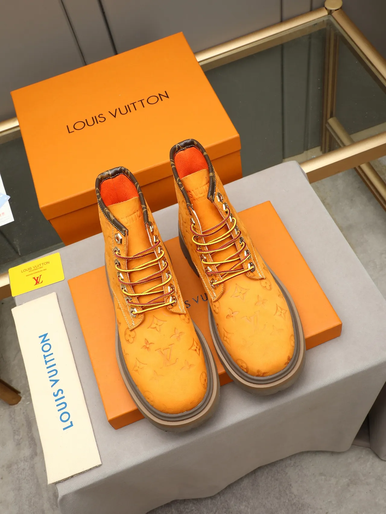 Louis Vuitton Orange Brown Embossed Monogram Suede-Like Texture Work Boots