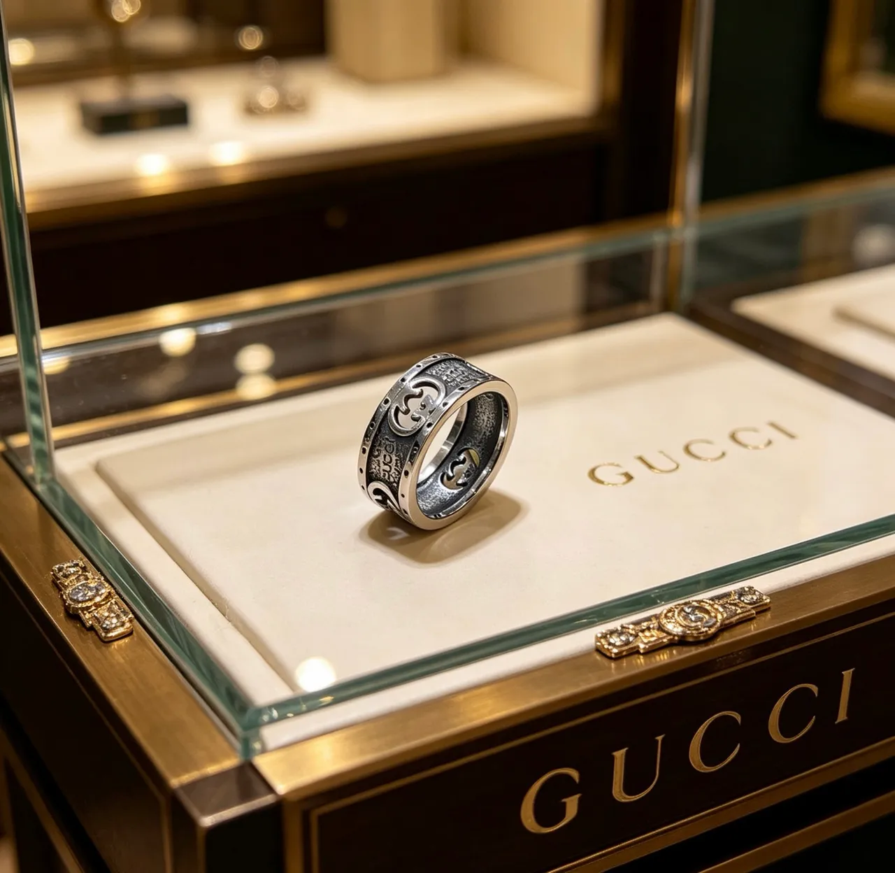Gucci GG Marmont Silver Black Wide Band Interlocking G Motif Ring
