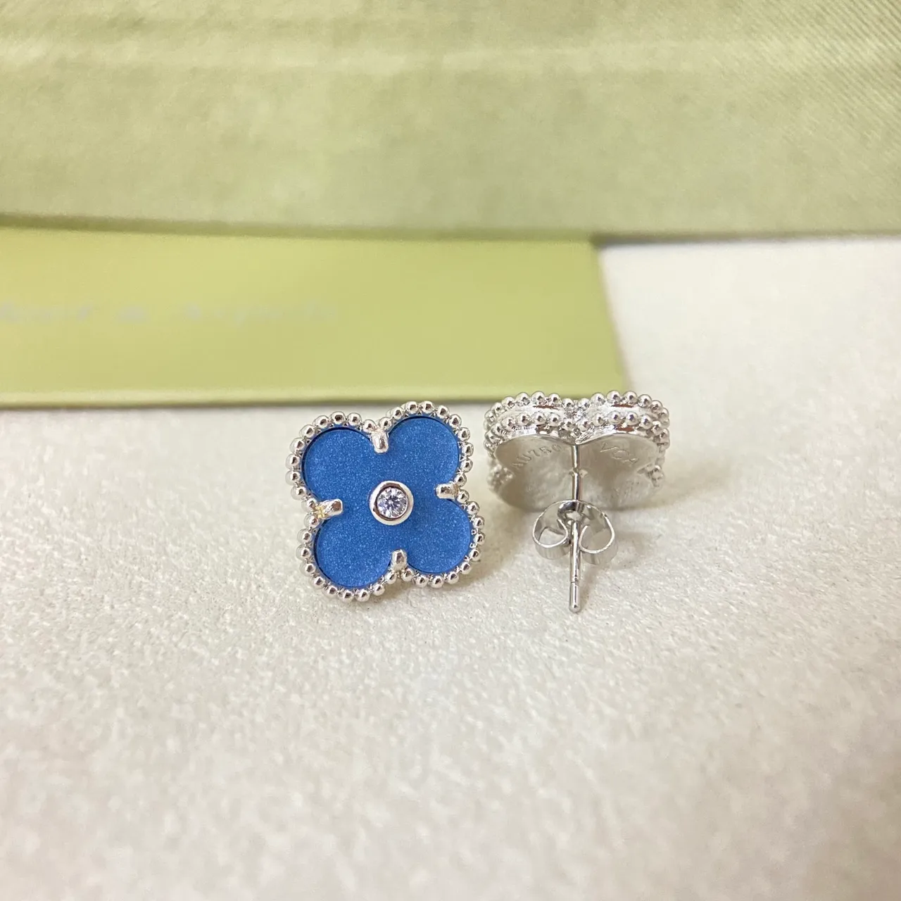 Van Cleef & Arpels Alhambra Blue Enamel Beaded Border Stud Earrings