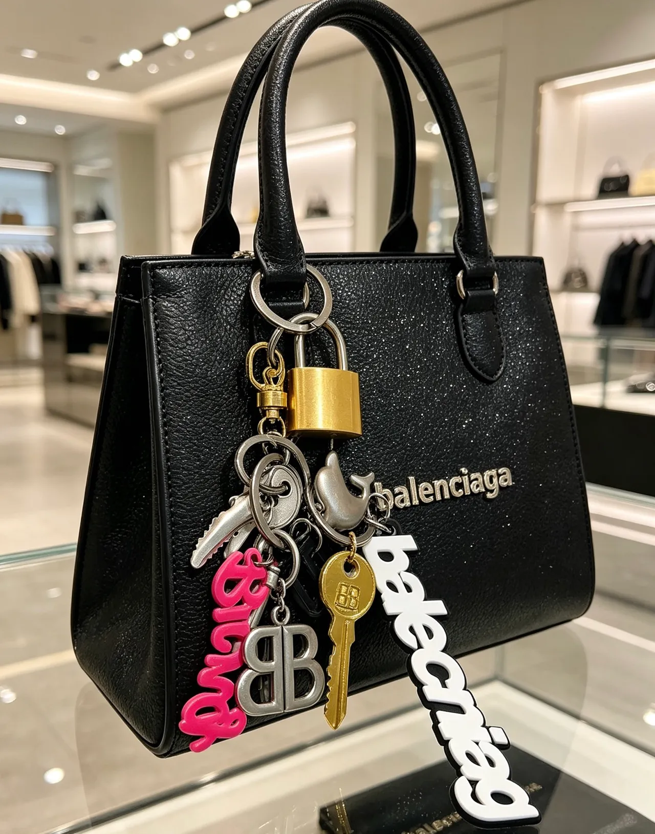 Balenciaga Black Silver Structured Pebbled Leather Boston Bag