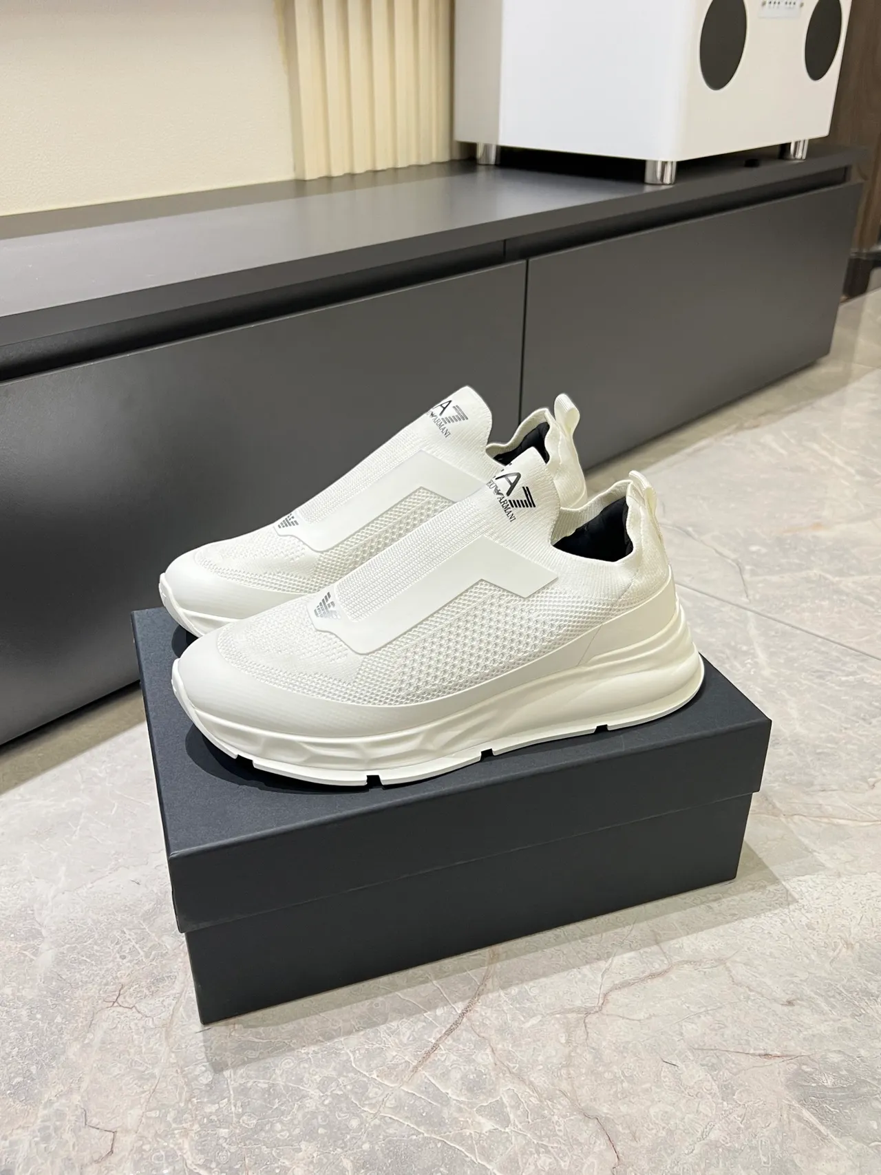 Emporio Armani White Black Slip-On Mesh Upper Lifestyle Sneakers