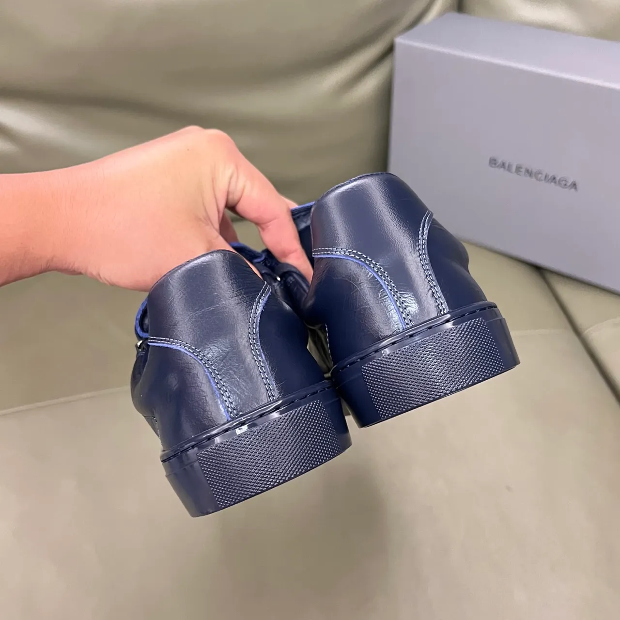 Balenciaga Speed Trainer Navy Crinkled Leather Upper Flat Rubber Sole Lifestyle Sneakers