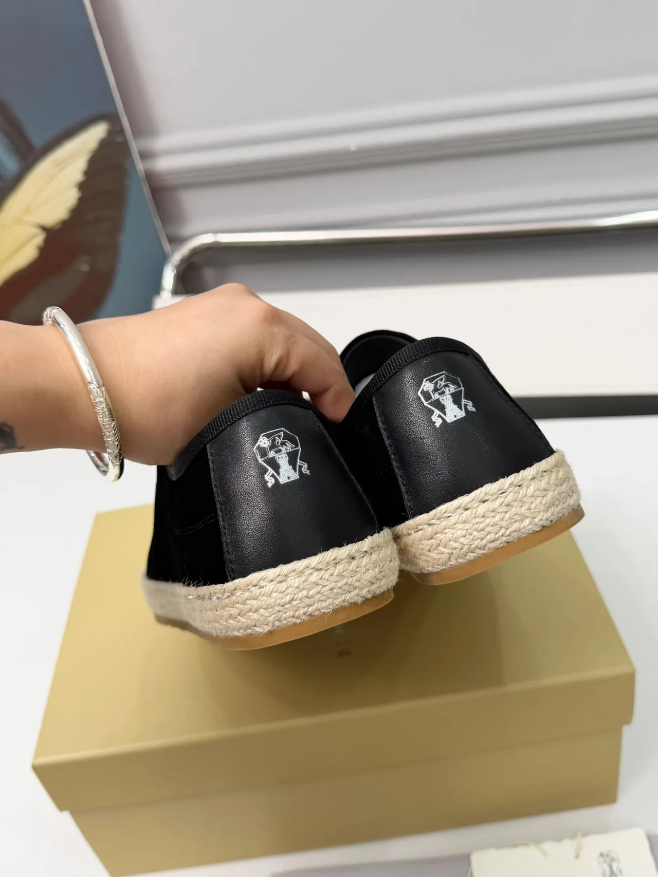 Brunello Cucinelli Black Beige Suede Upper Jute-Wrapped Espadrille Sole Boat Shoes