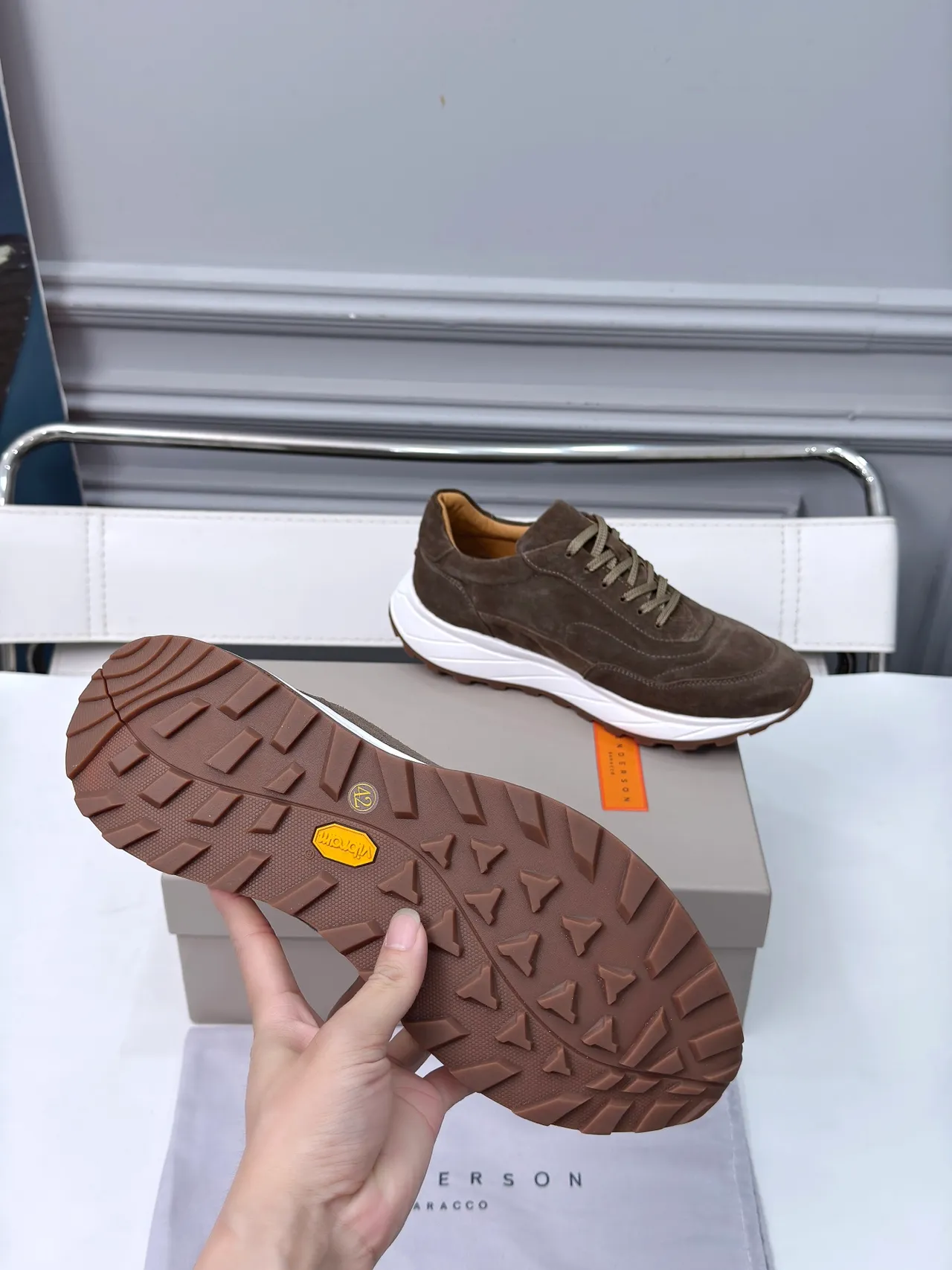 Brown White Suede Upper Chunky Layered Sole Sneakers