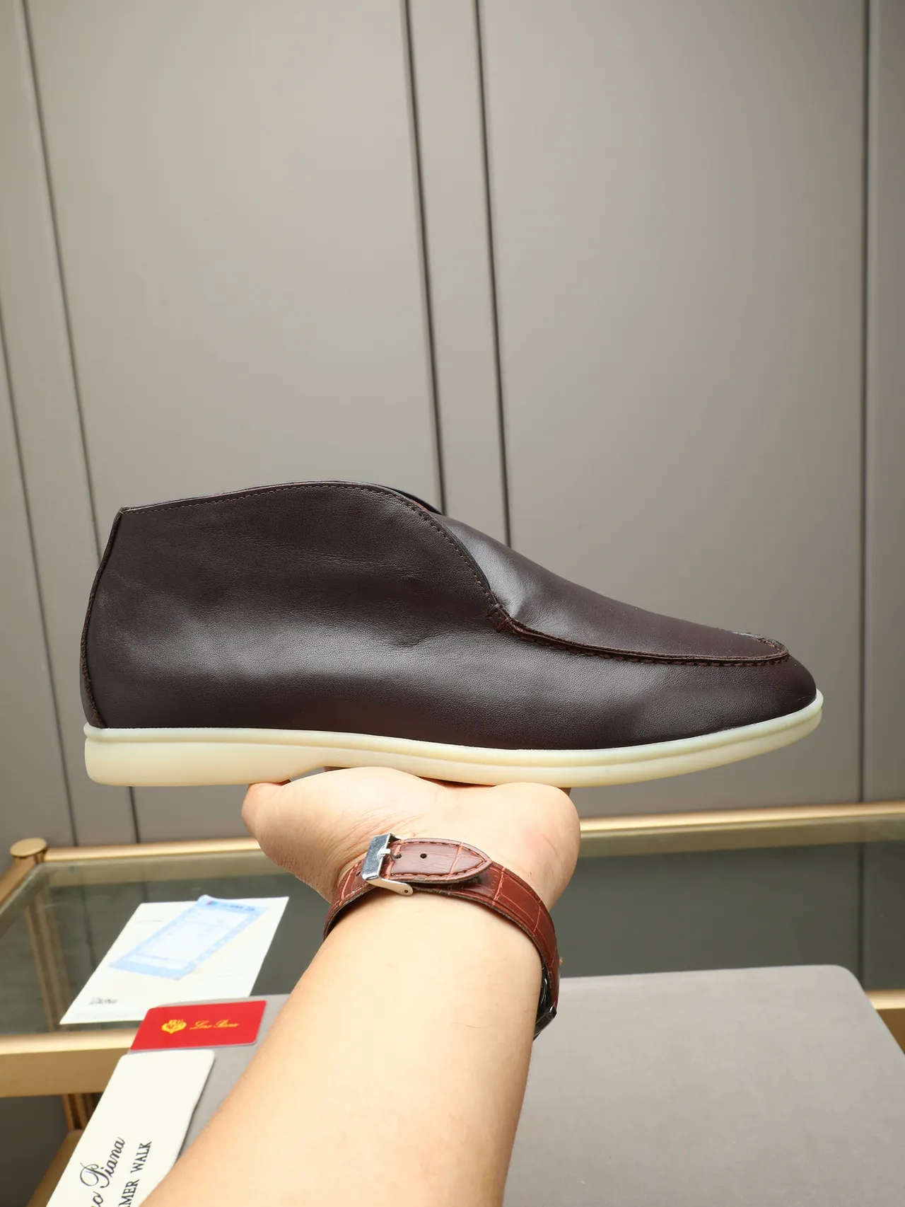 Brown Beige Slip-On Moc-Toe Stitched Loafer