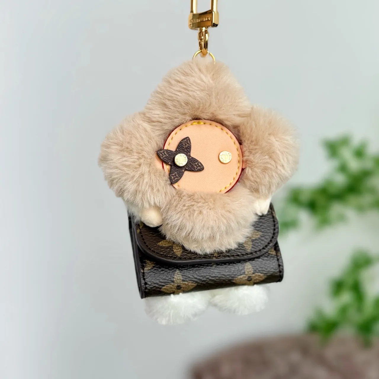 Louis Vuitton Vivienne Pink Beige Floral Plush Charm Faux Fur Trim Handbag
