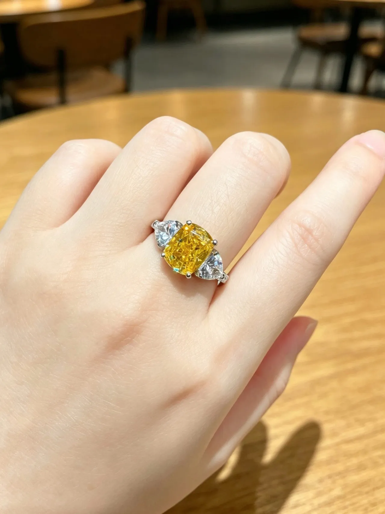 Three-Stone Cushion-Cut Yellow and White Gem Ring