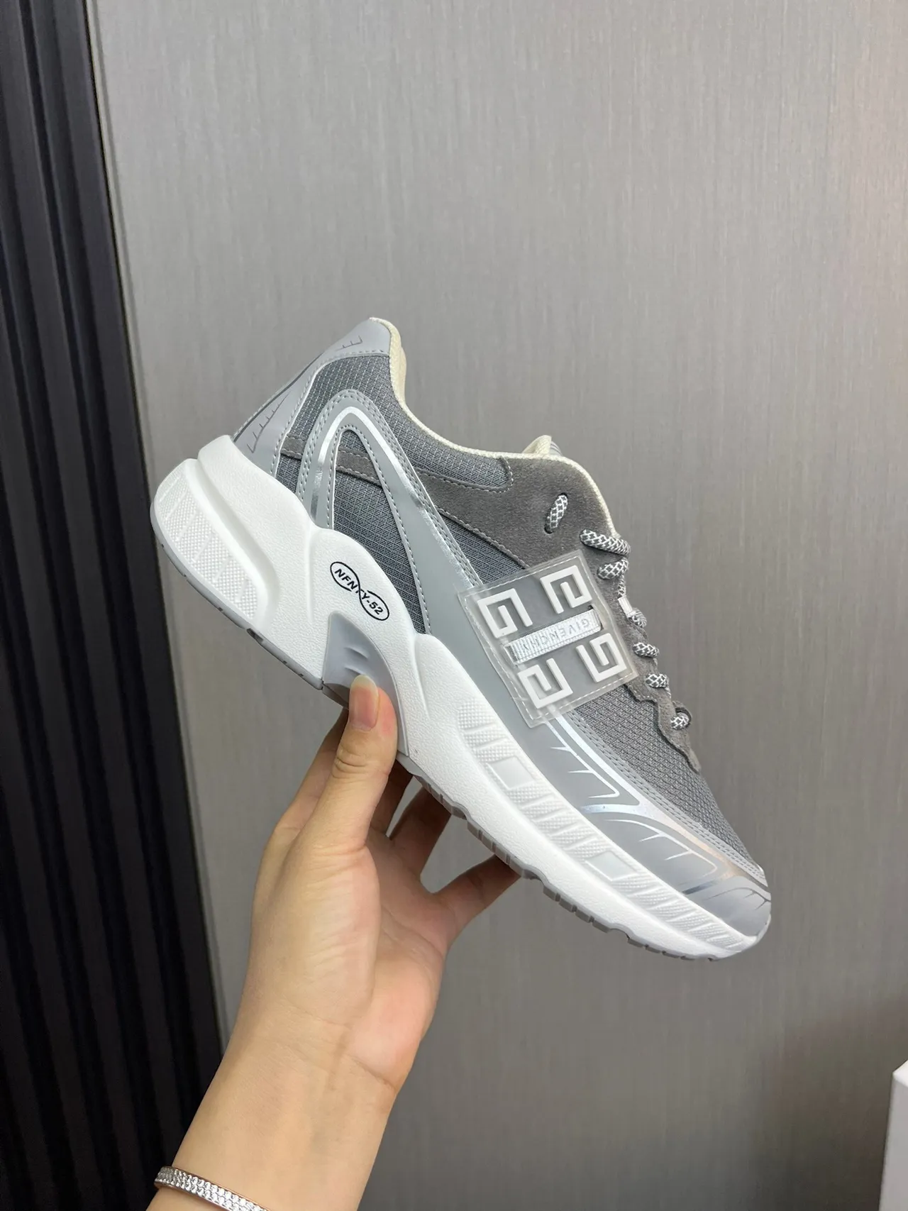 Givenchy Gray White Sole Mesh-Suede Hybrid Upper Chunky Sneakers