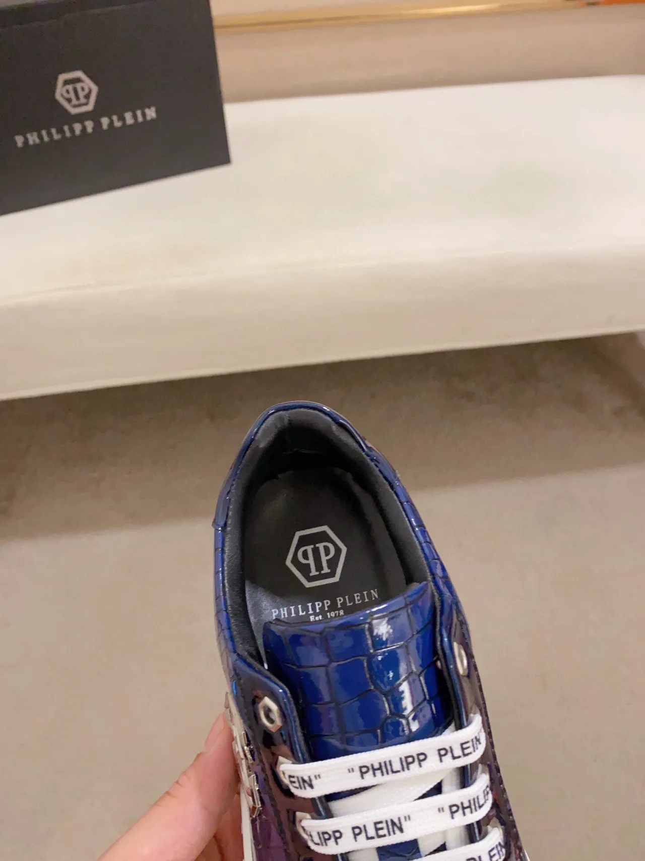Philipp Plein Blue Croc-Embossed Logo Sneaker
