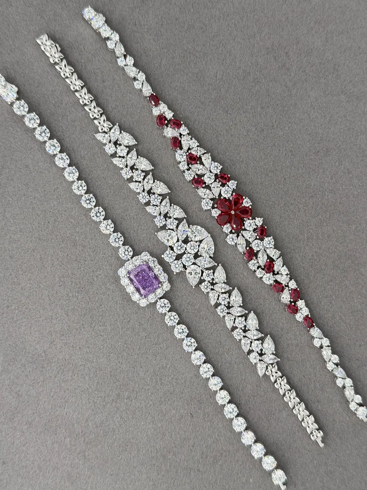 Purple Silver Square-Cut Central Gemstone Halo Setting Bracelet