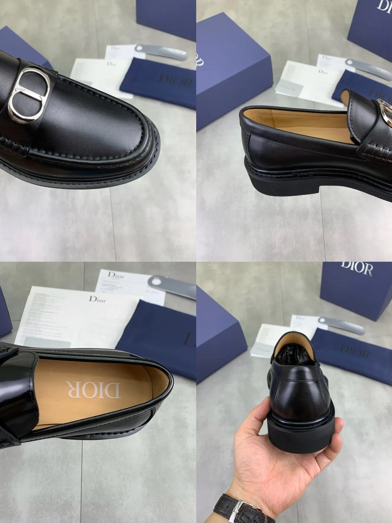 Dior Black Silver Leather D-Shaped Metal Buckle Loafer