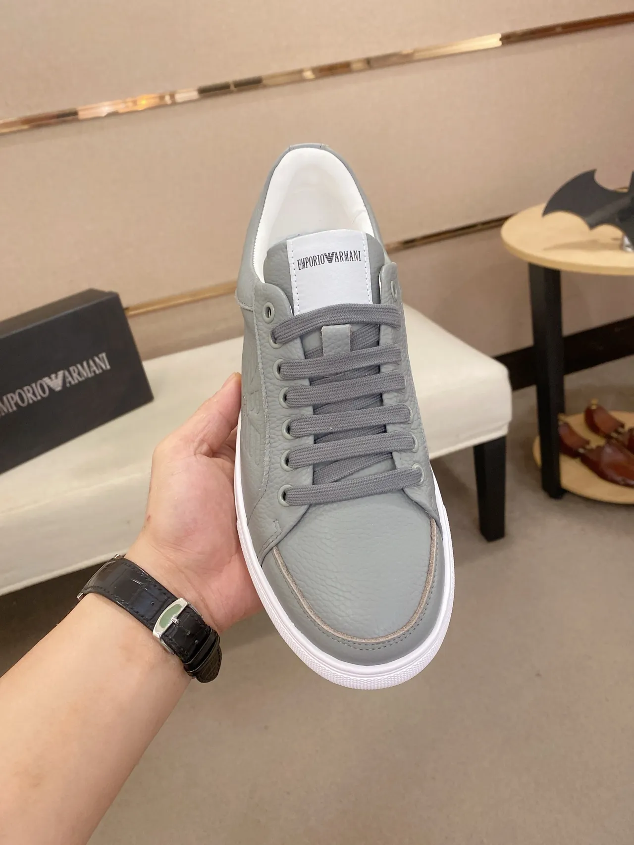 Emporio Armani Gray White Leather Upper Embossed Eagle Logo Sneakers