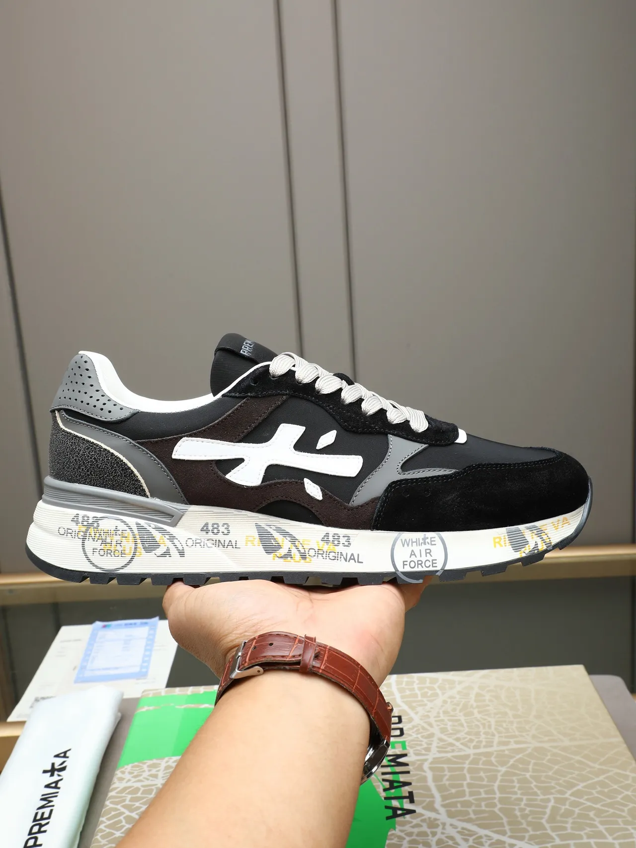 Premiata Black White Layered Suede And Mesh Upper Contrasting Logo Sneakers
