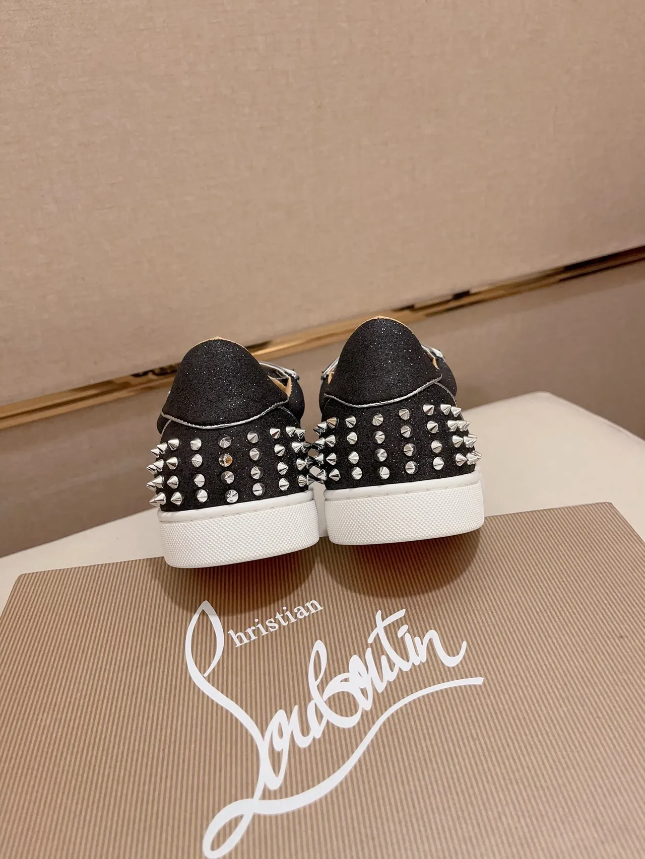 Christian Louboutin Studded Sneaker Black White Glitter Upper Conical Silver Studs Lifestyle Sneakers