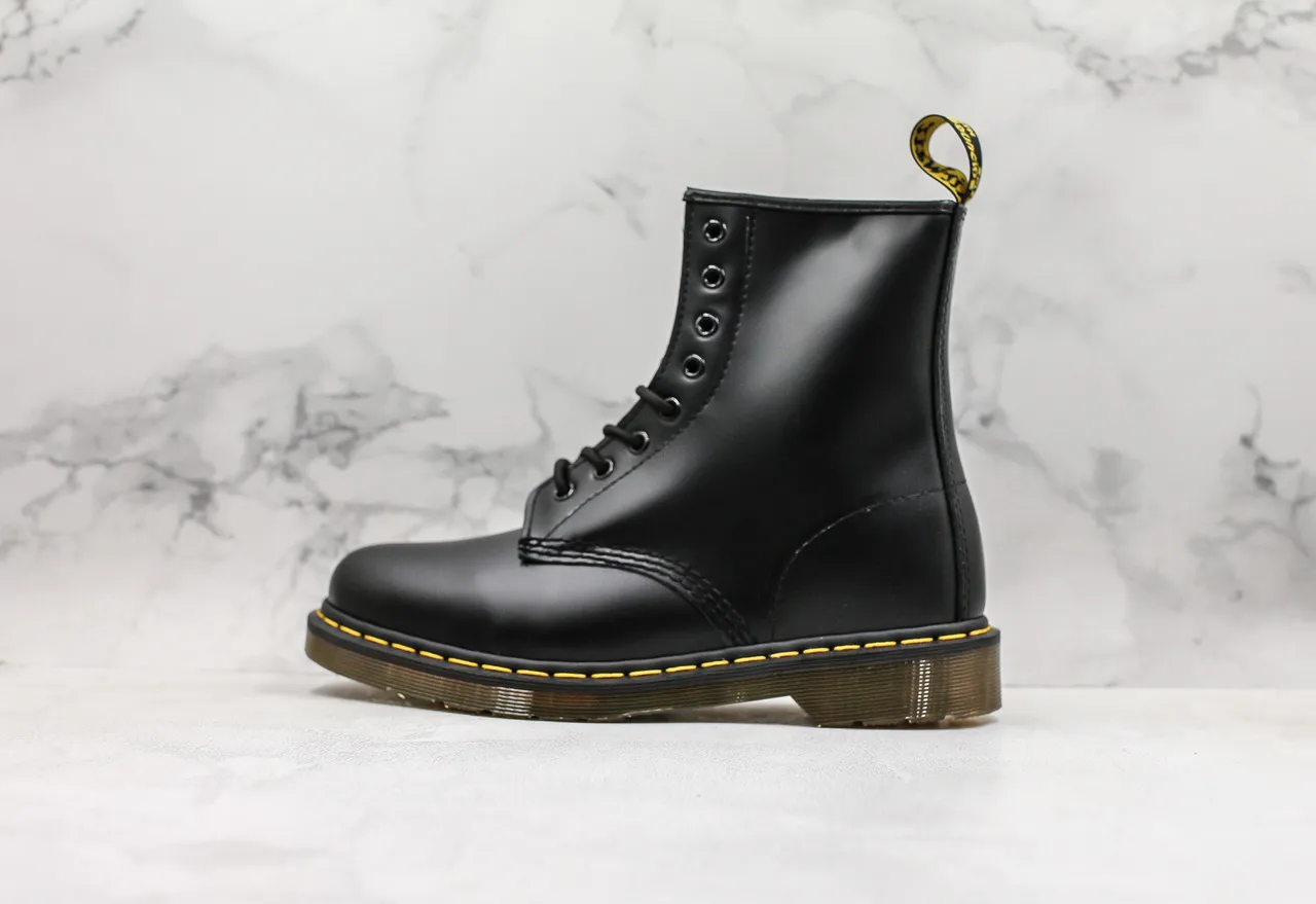 Dr. Martens 1460 Black Smooth Leather Yellow Stitch Martin Boots