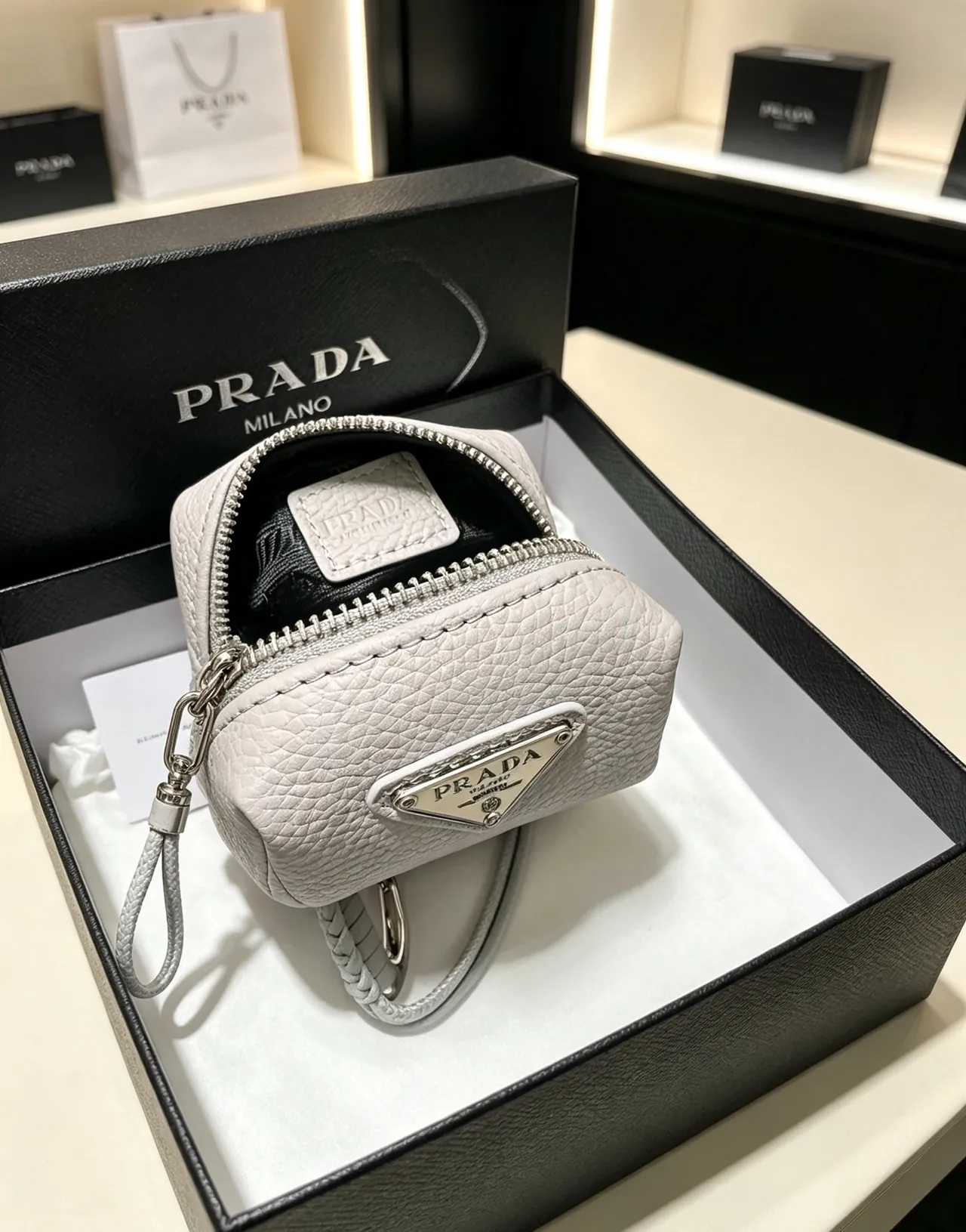 Prada Gray Silver Pebbled Leather Cylindrical Pouch Crossbody Bag