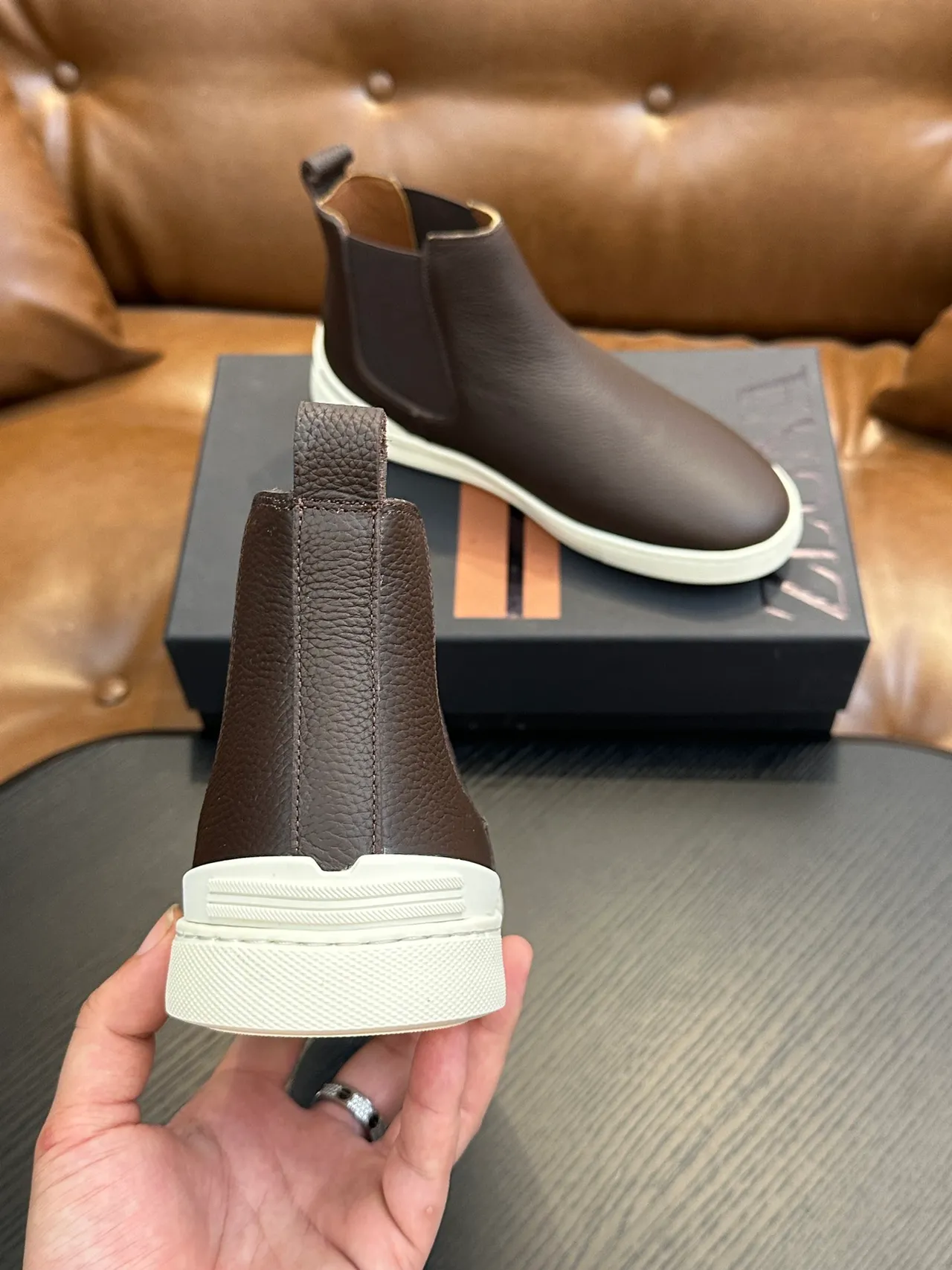 Zegna Brown Beige Pebbled Leather Elastic Side Gussets Chelsea Boots