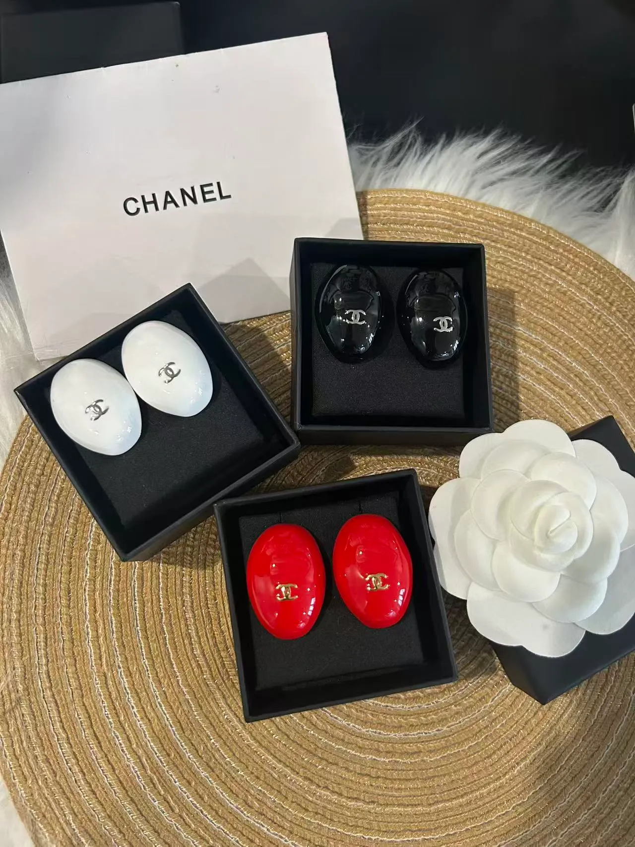 Chanel Enamel Oval CC Logo Stud Earrings