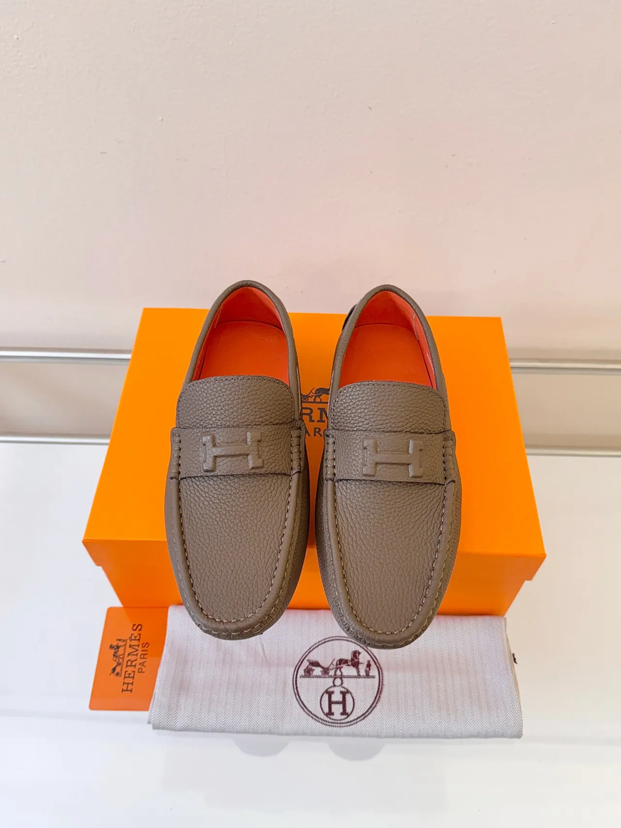 Hermès Oran Brown Orange Pebbled Leather H-Strap Loafer