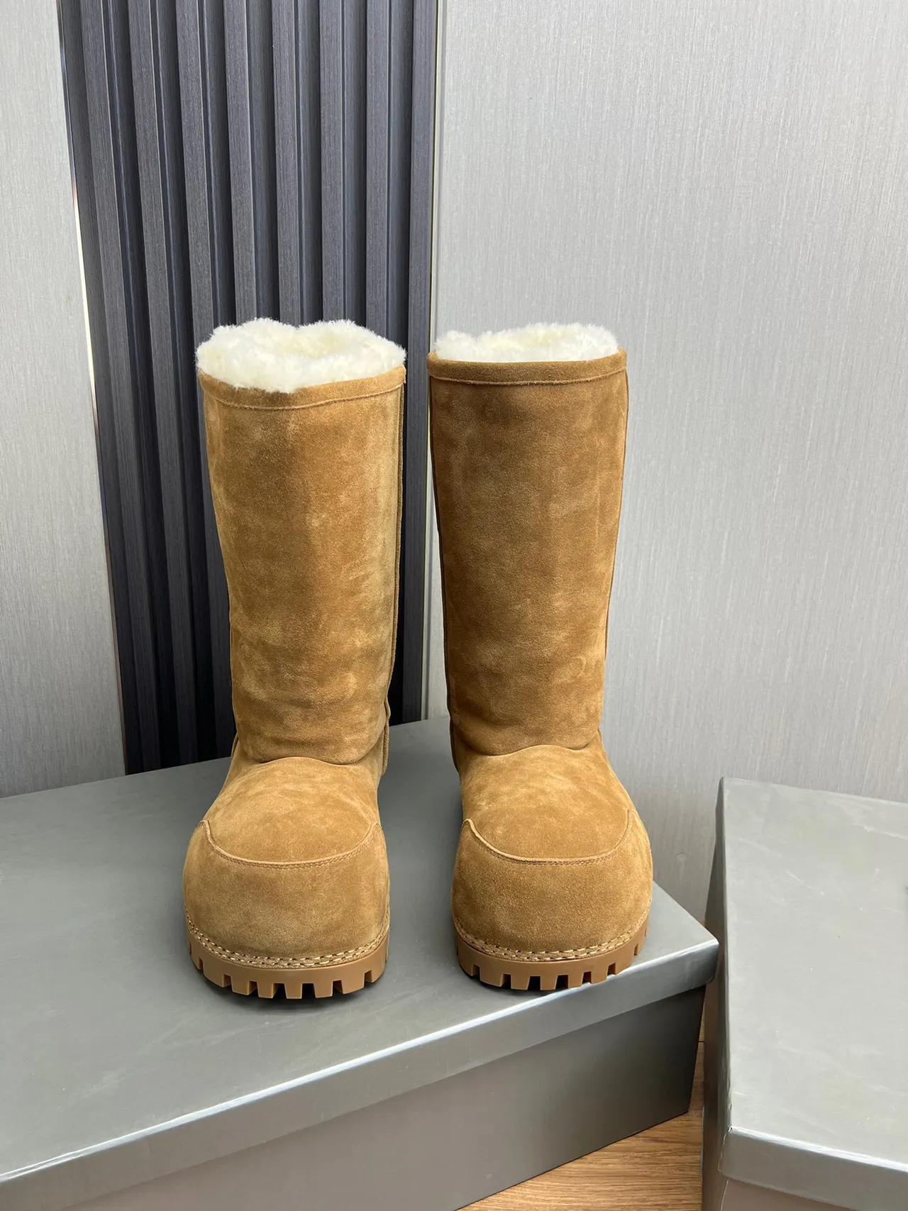 Balenciaga Defender Brown Beige Suede Shearling-Lined Knee Boots