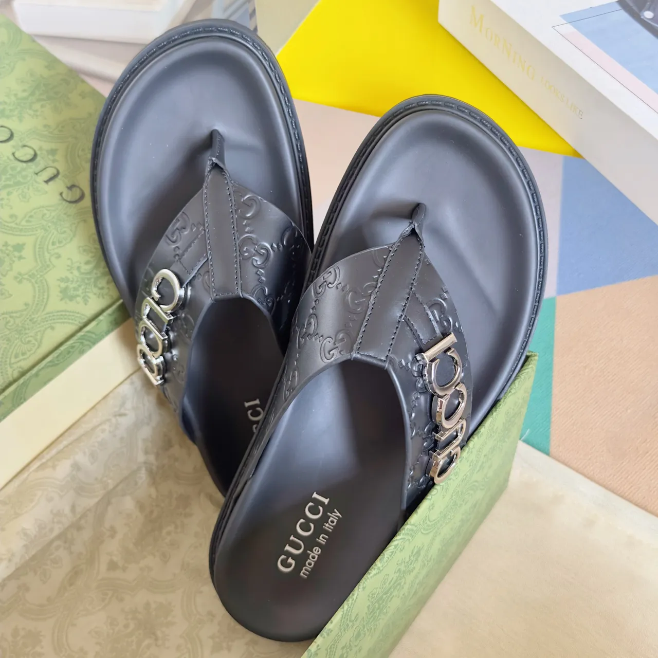 Gucci Ophidia Black Gold Embossed GG Monogram Interlocking G Buckles Casual Sandals