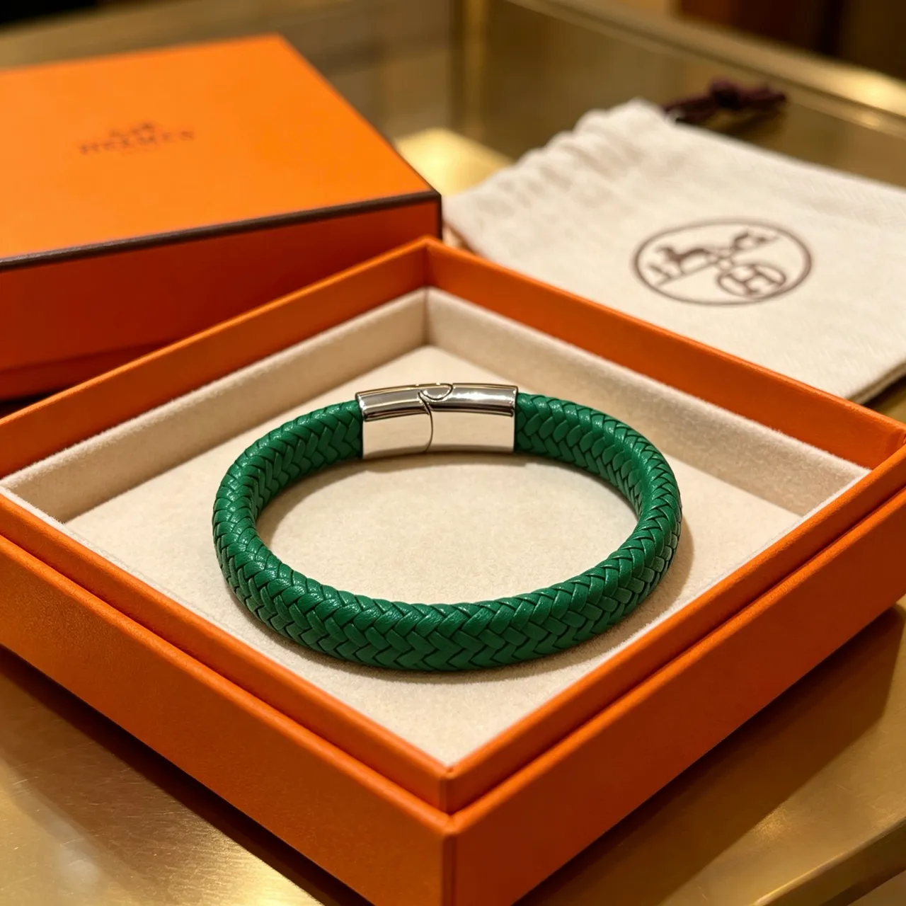 Hermès Green Silver Braided Leather Magnetic Clasp Bracelet