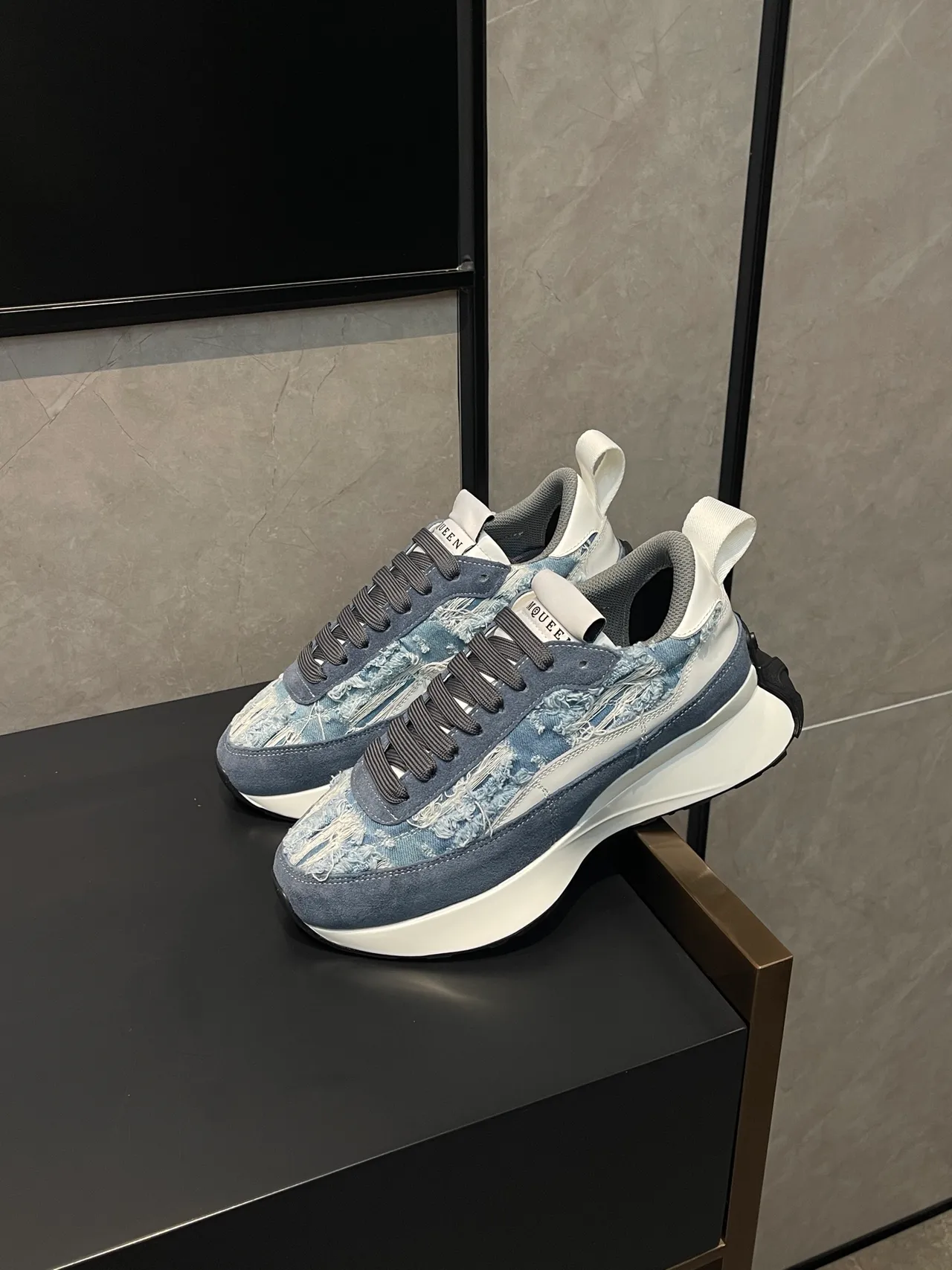 Alexander McQueen Oversized Sneaker Distressed Denim and Suede Lifestyle Sneaker
