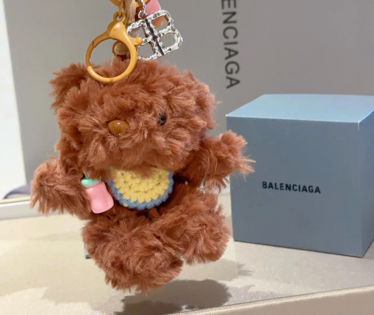 Balenciaga Brown Beige Plush Teddy Bear Knitted Bib Crossbody Bag