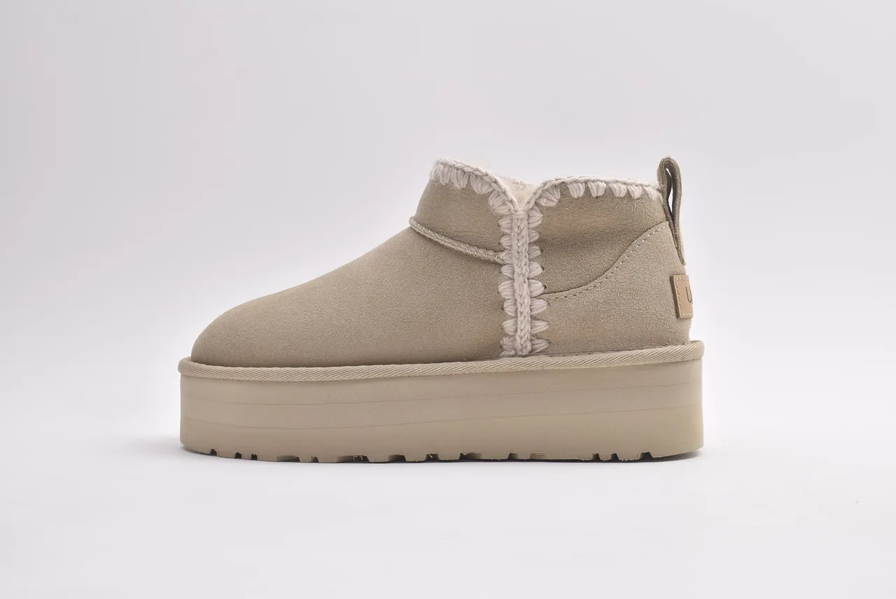 UGG Beige White Platform Sole Braided Trim Snow Boots