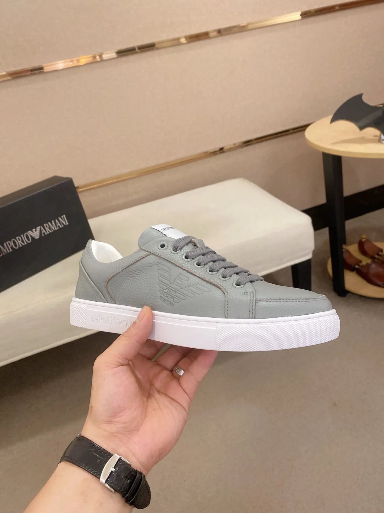 Emporio Armani Gray White Leather Upper Embossed Eagle Logo Sneakers