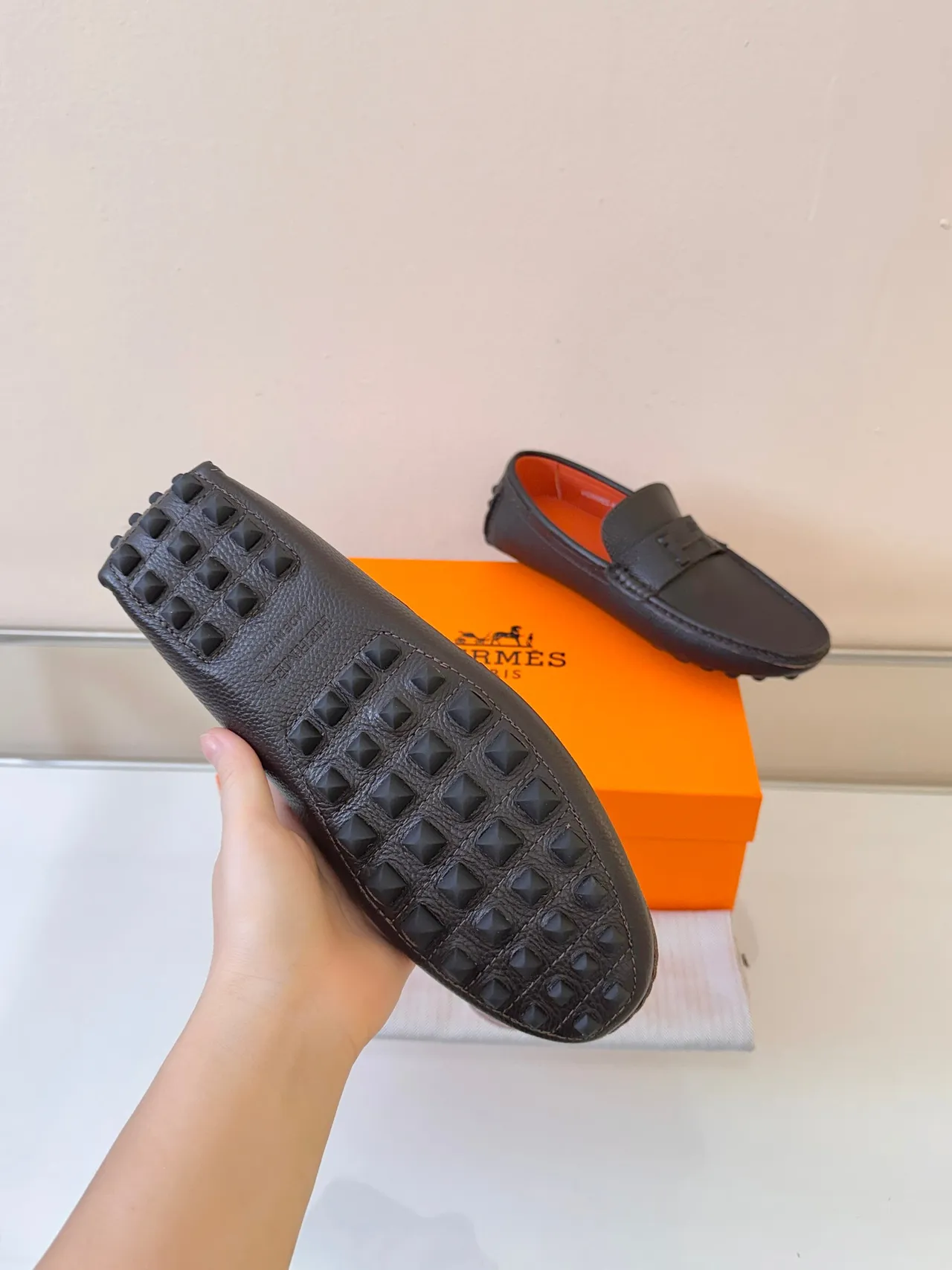 Hermès Oran Brown Orange Pebbled Leather H-Buckle Strap Loafer