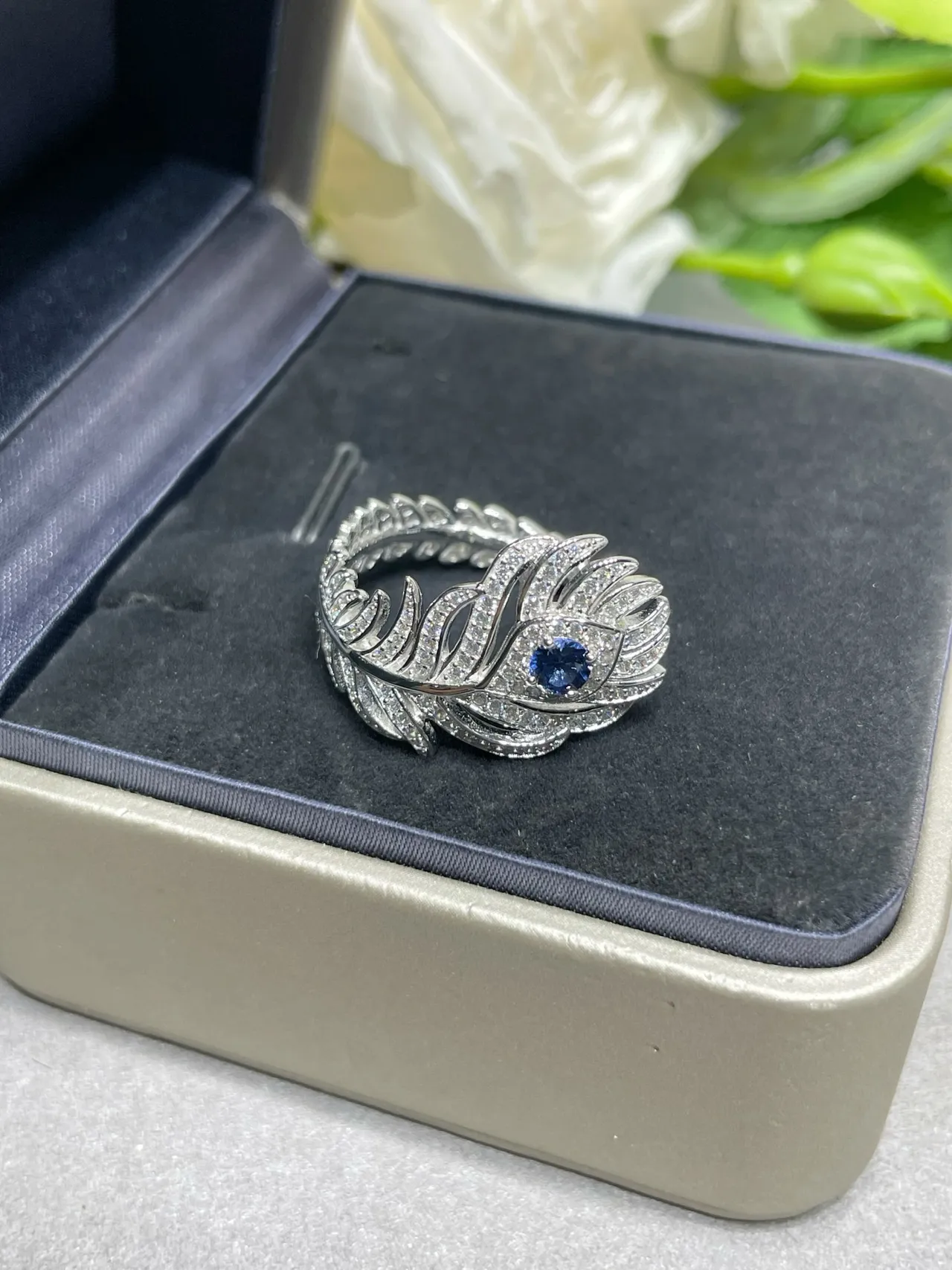 Silver Blue Feather Motif Pavé-Set Earrings