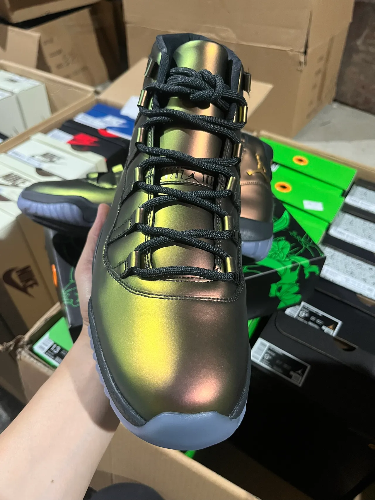 Air Jordan 11 Metallic Green-Gold High-Top Basketball Shoes