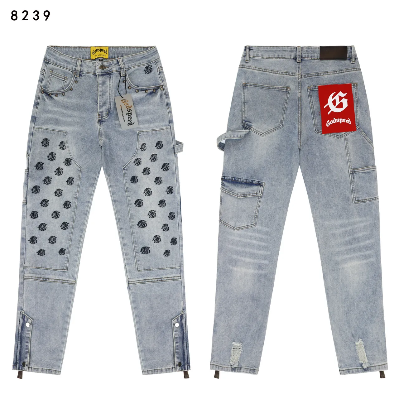 Godspeed Cargo-Pocket Embroidered Knee Panel Black Gray Studded Waistband Jeans